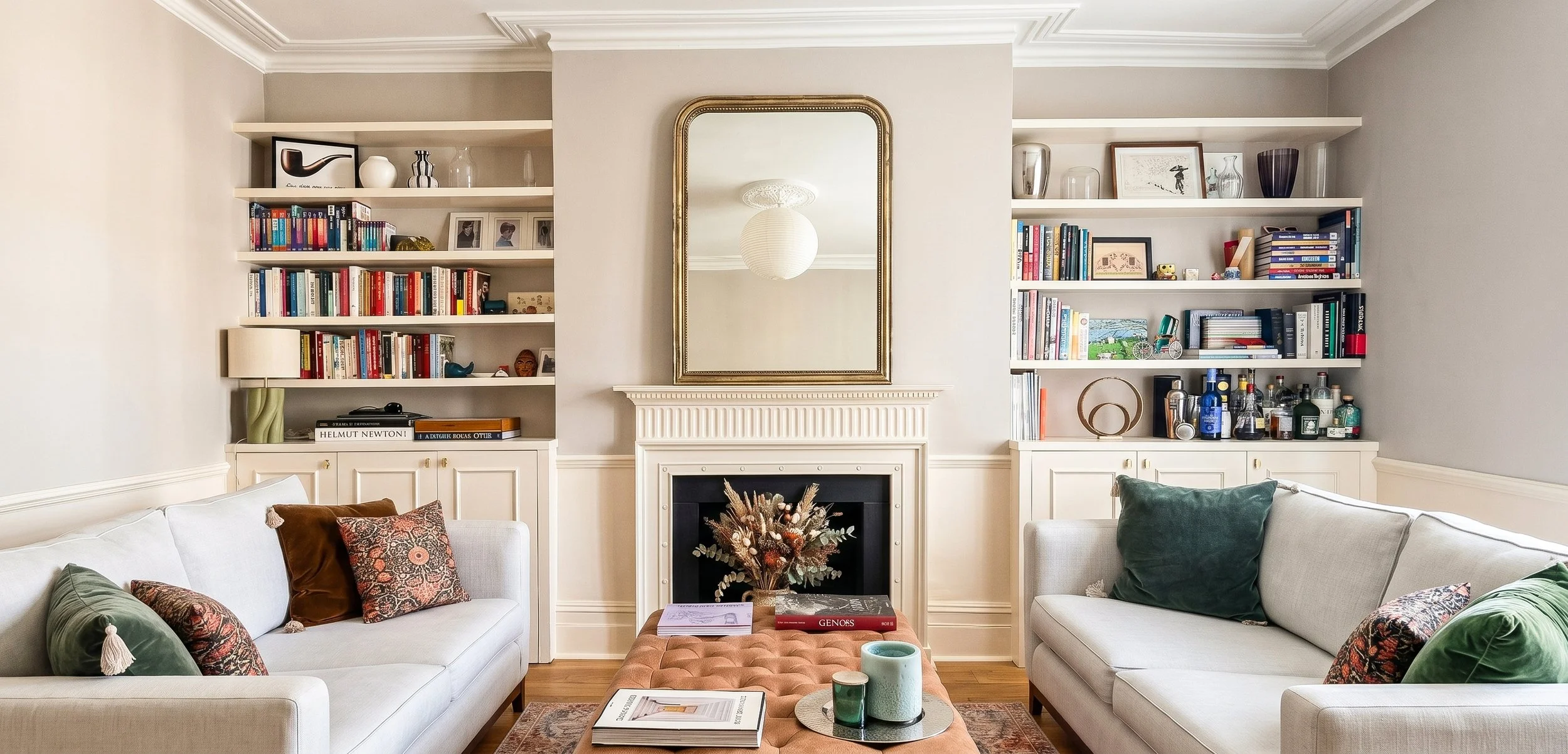 Sala da pranzo con due divani bianchi decorati con cuscini, tavolino con rivestimento in velluto color pesca, librerie con libri e oggetti decorativi, camino con un grande specchio sopra e un lampadario appeso al soffitto.