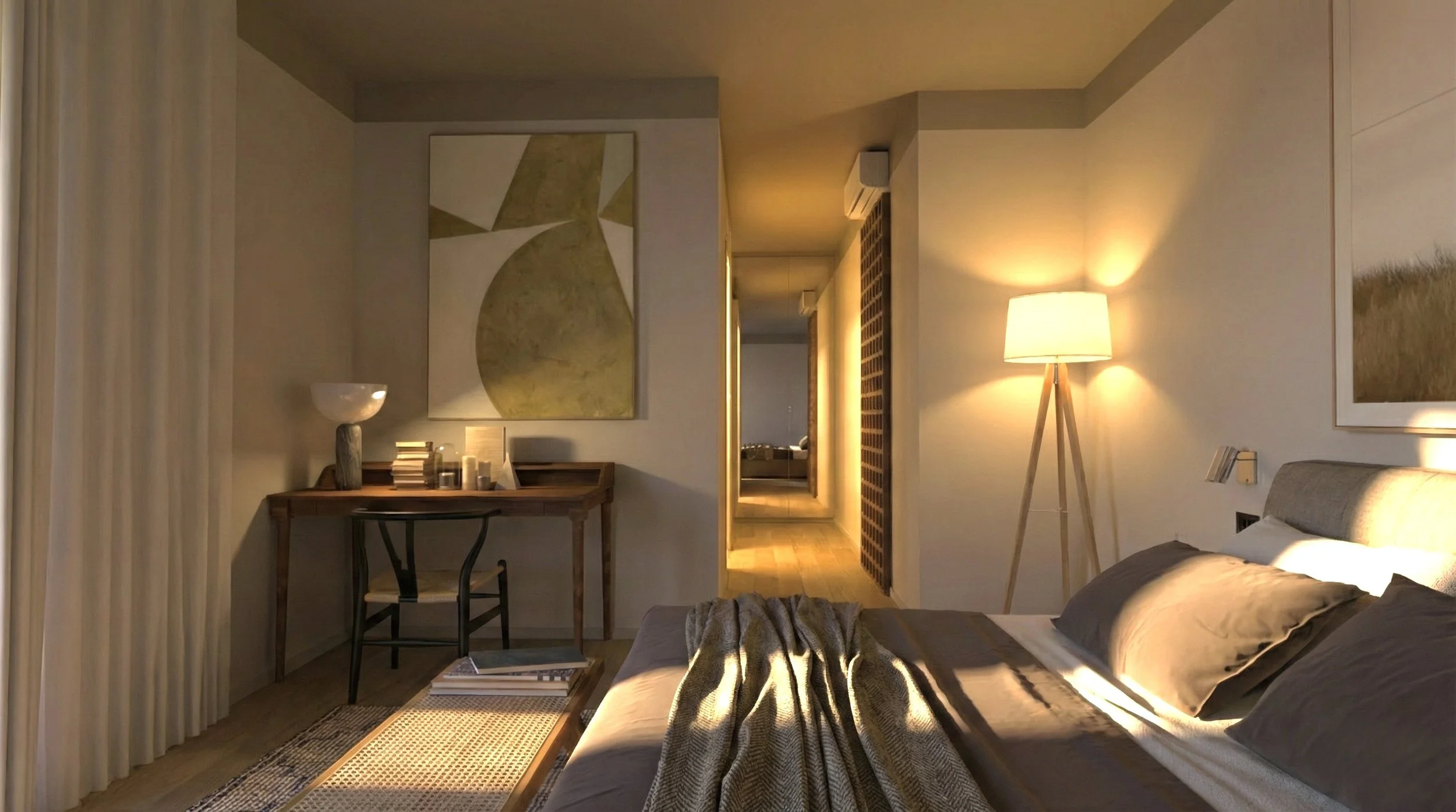 Camera da letto con letto fatto, lampada da terra, pareti decorate con quadri e una mensola con libri e decorazioni, ingresso visibile in fondo con illuminazione calda