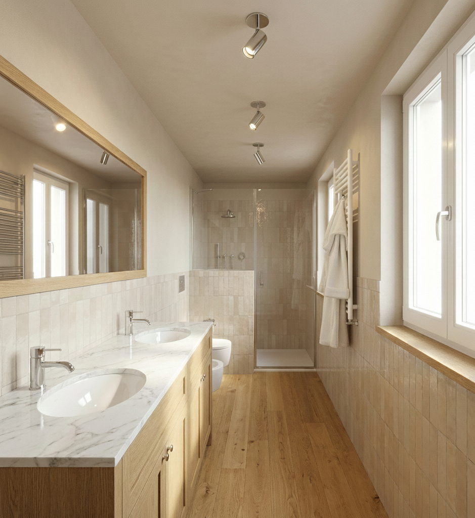 Bagno con doppio lavandino in marmo, specchio grande, lavabo a incasso, finestra grande, radiatore porta asciugamani con asciugamani bianchi, cabina doccia con pareti di vetro, piastrelle beige, pavimento in legno.