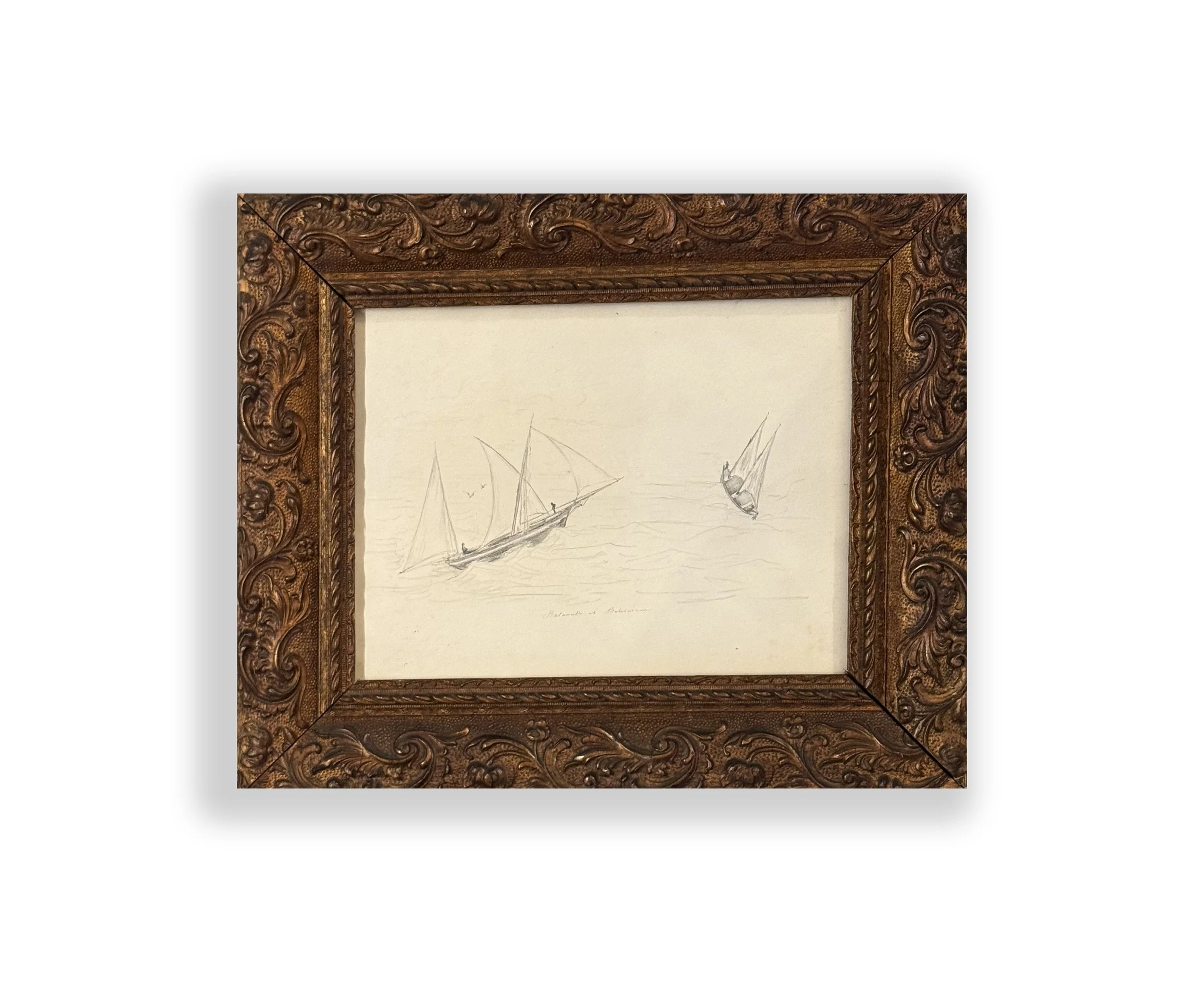 Disegno Originale a Matita – Marine con Barche a Vela, Cornice Barocca Dorata