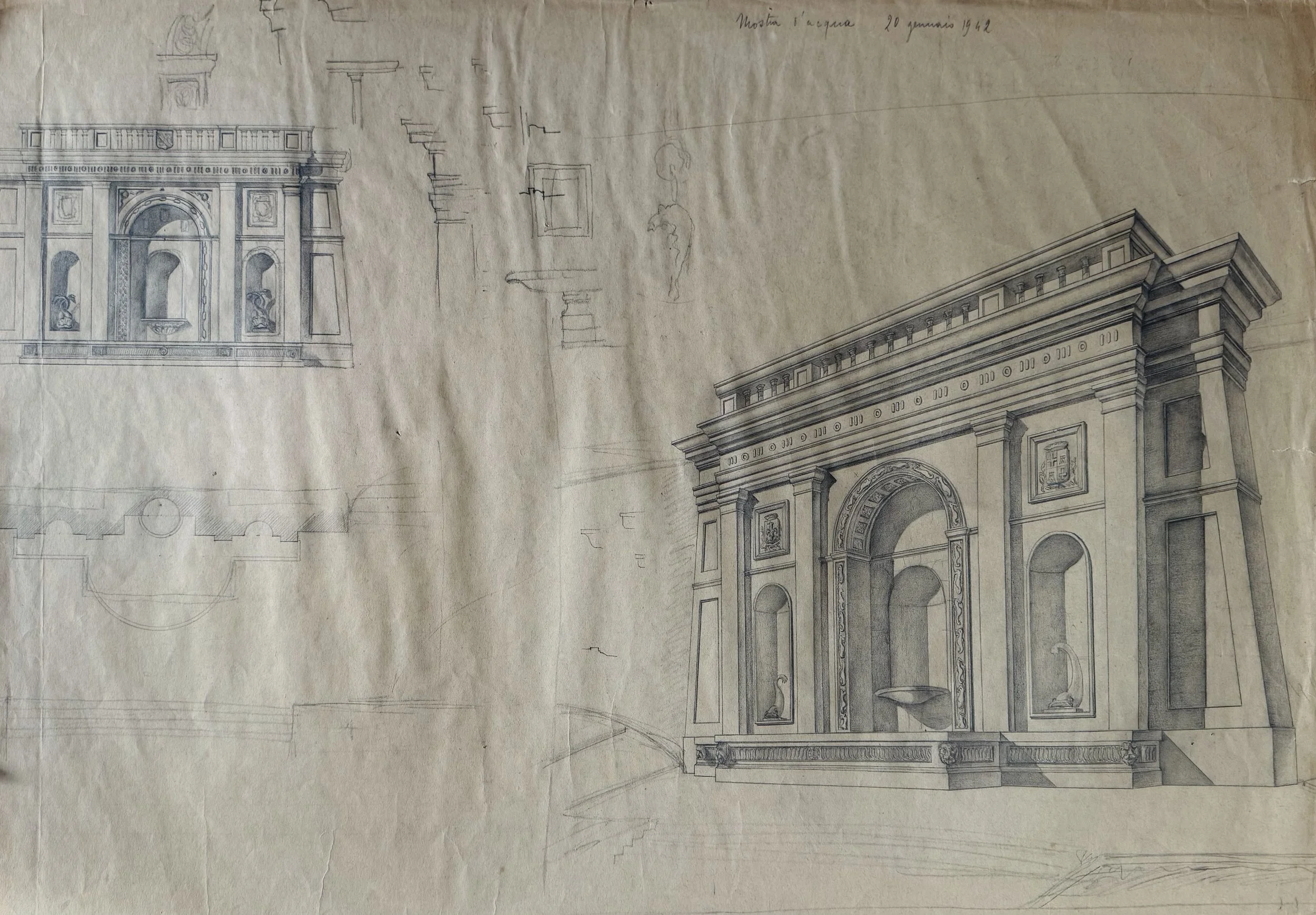 Archivio Piovan: Studio per "Mostra d'acqua" Monumentale (1942) – Matita e Carboncino