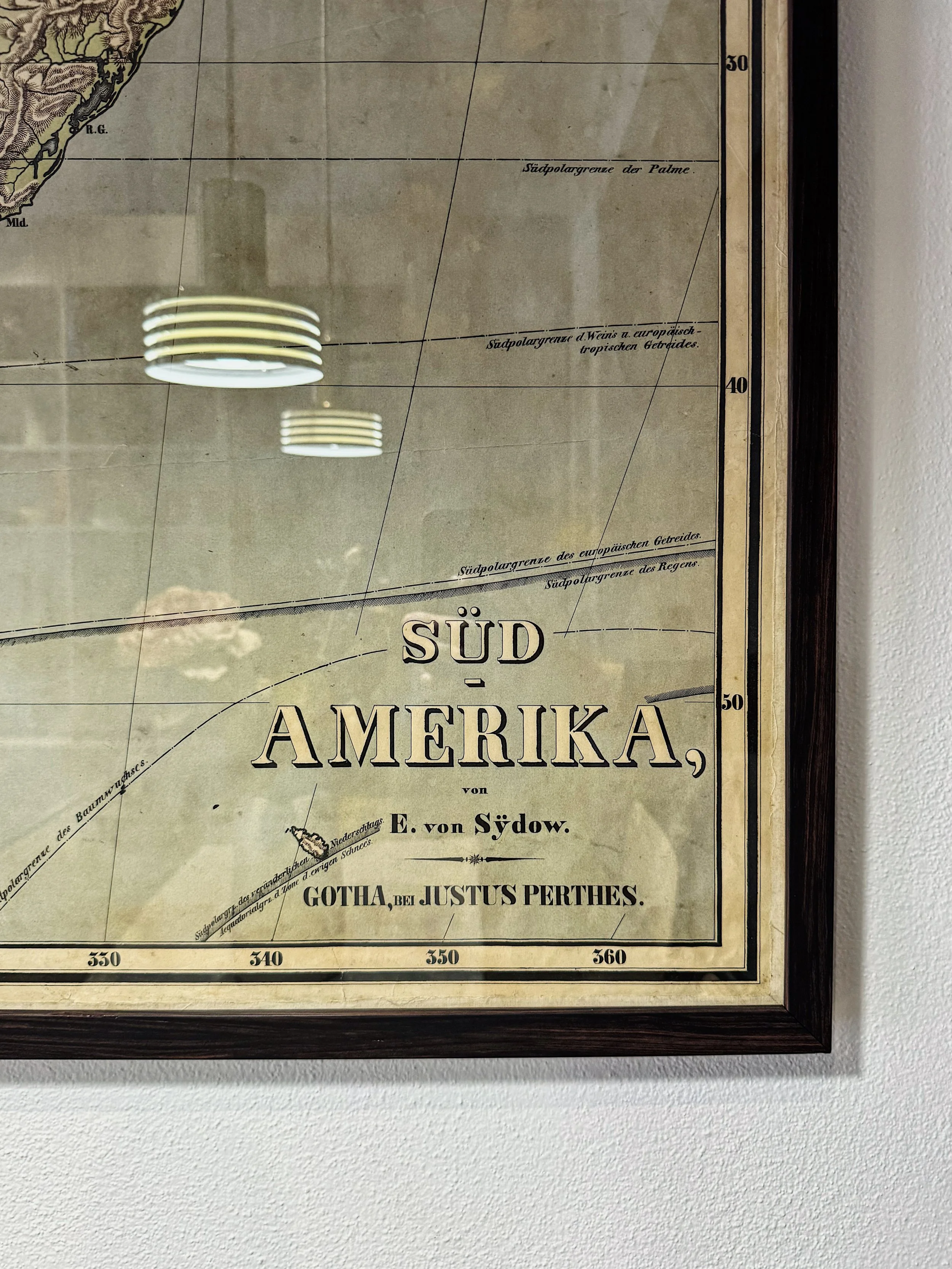 Carta storica dell'America del Sud, con testo in tedesco e alcune coordinate geografiche.