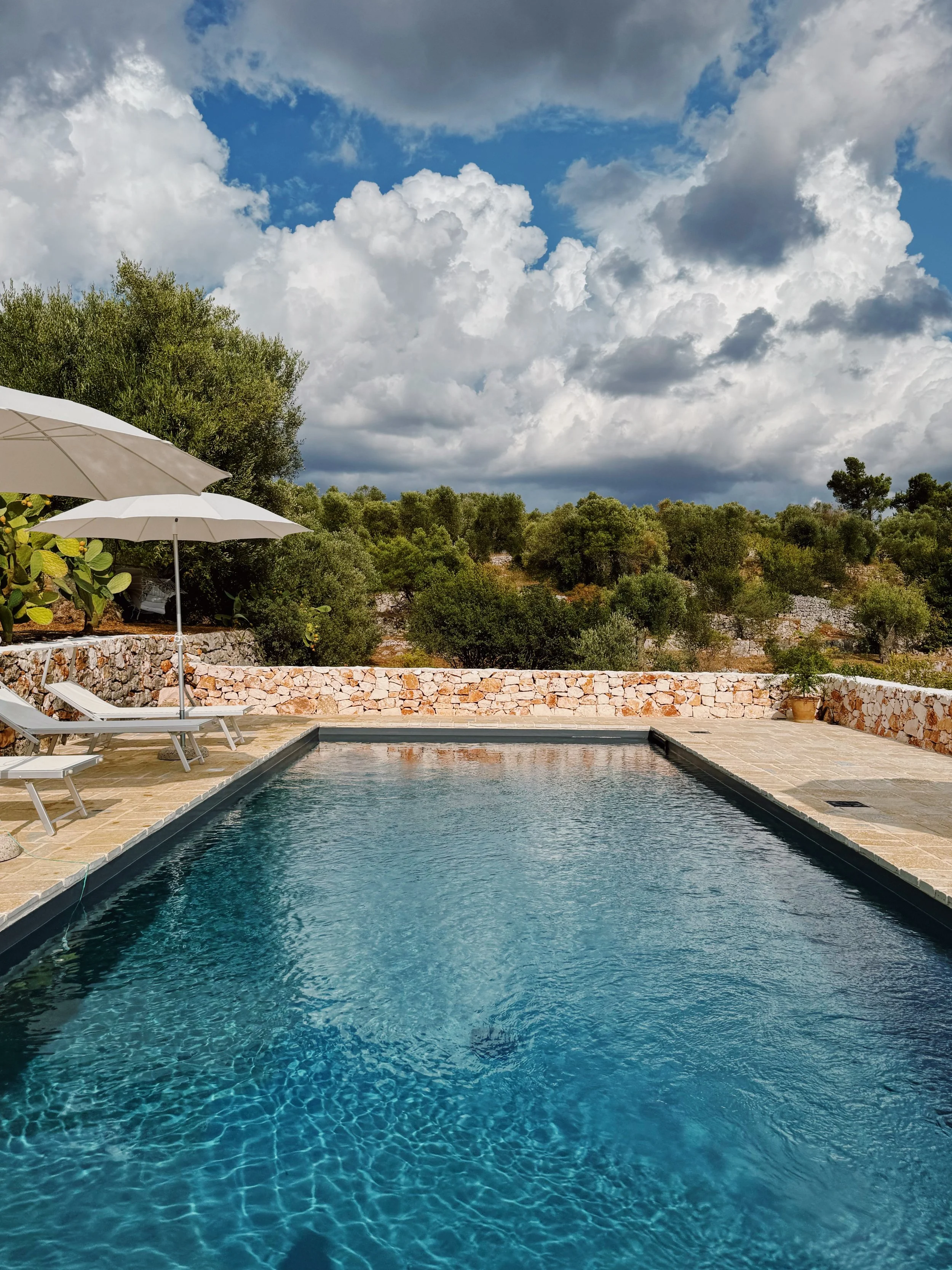 Piscina all'aperto con sdraio e ombrelloni sotto un cielo nuvoloso, circondata da alberi e rocce.