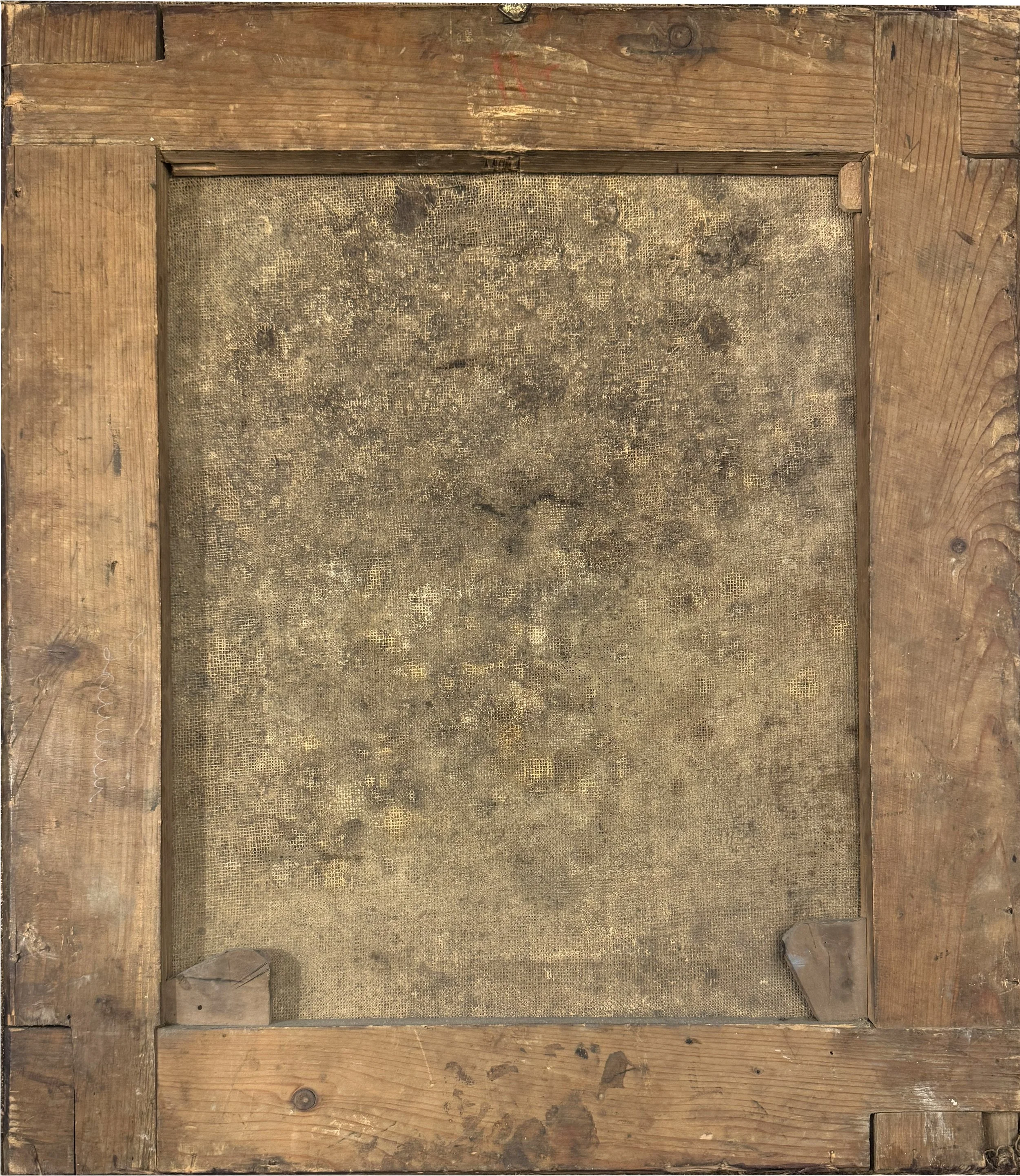 Retro di una tela antica brunita dal tempo, montata su un telaio in legno originale con segni di usura storica e scritte a matita.