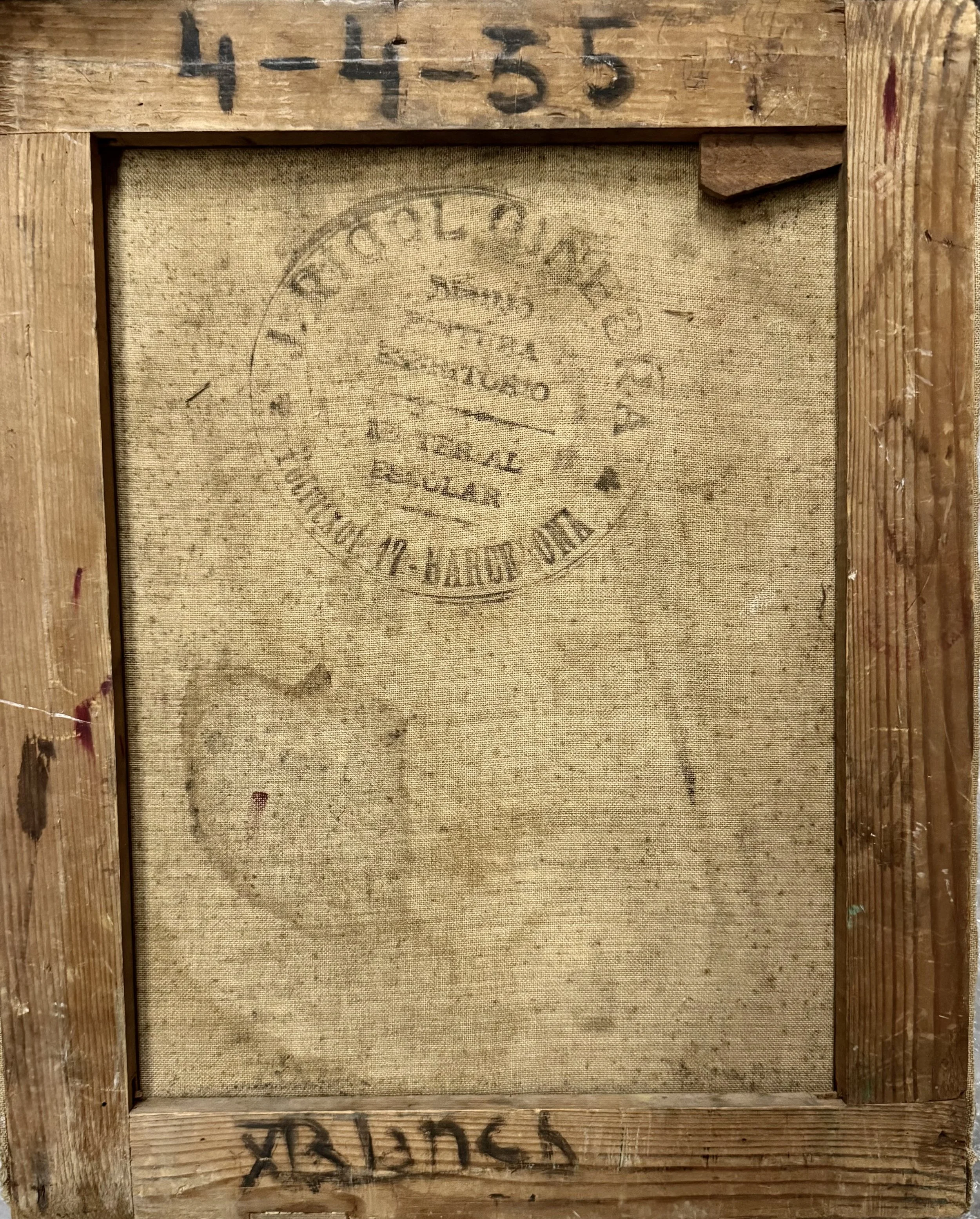 Retro della tela con firma autografa X. Blanch, data 4-4-35 e timbro J. Rigol Ginebra Barcellona.