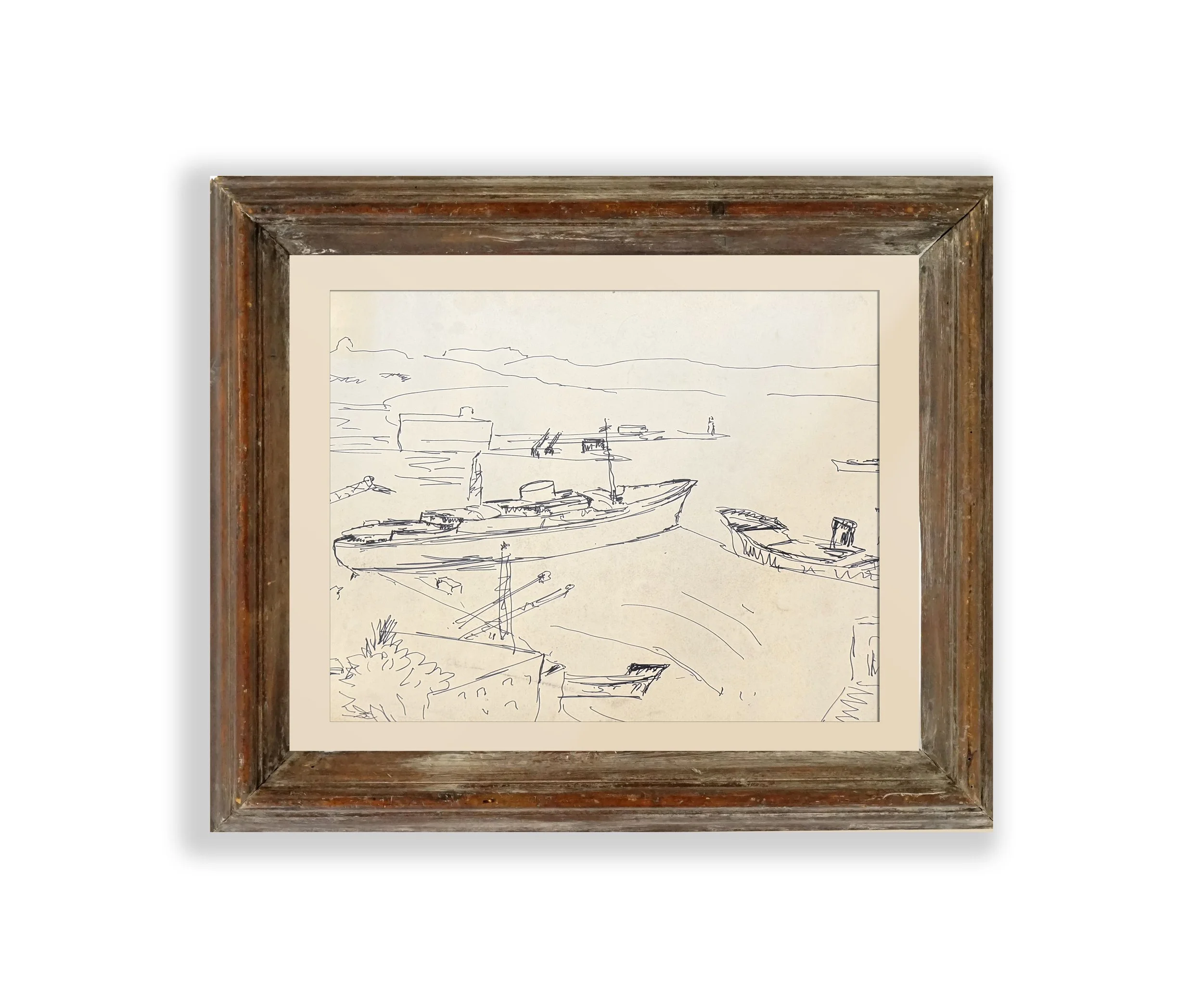 Disegno a China Originale – Veduta di Porto con Navi, Cornice Rustica in Legno