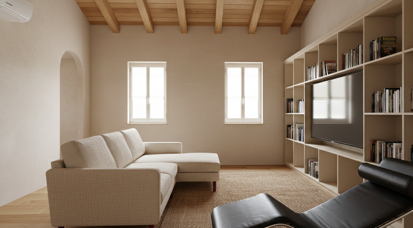 Soggiorno con divano beige, pareti chiare, armadio a muro con televisore e scaffali con libri, due finestre, soffitto con travi in legno
