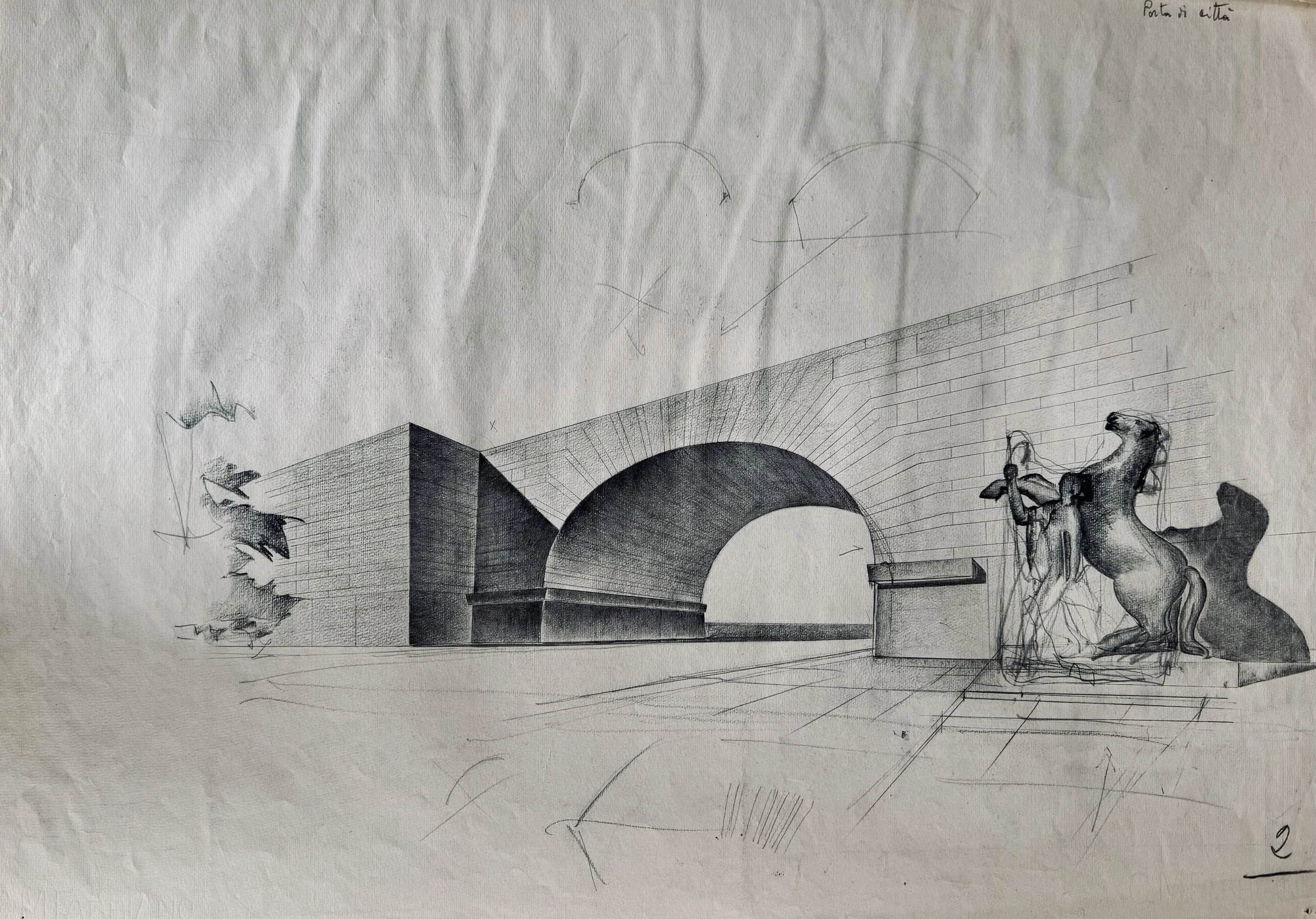 Archivio Piovan: Progetto Originale "Porta di città" (1955) – Matita e Carboncino