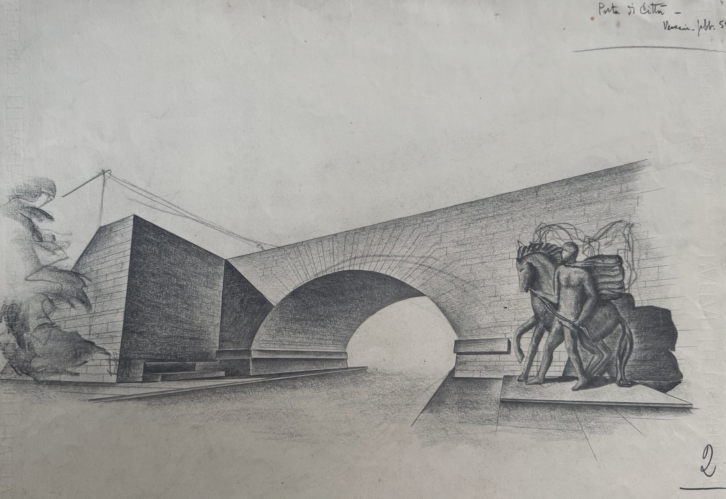 Archivio Piovan: Progetto Originale "Porta di città" (1955) – Matita e Carboncino