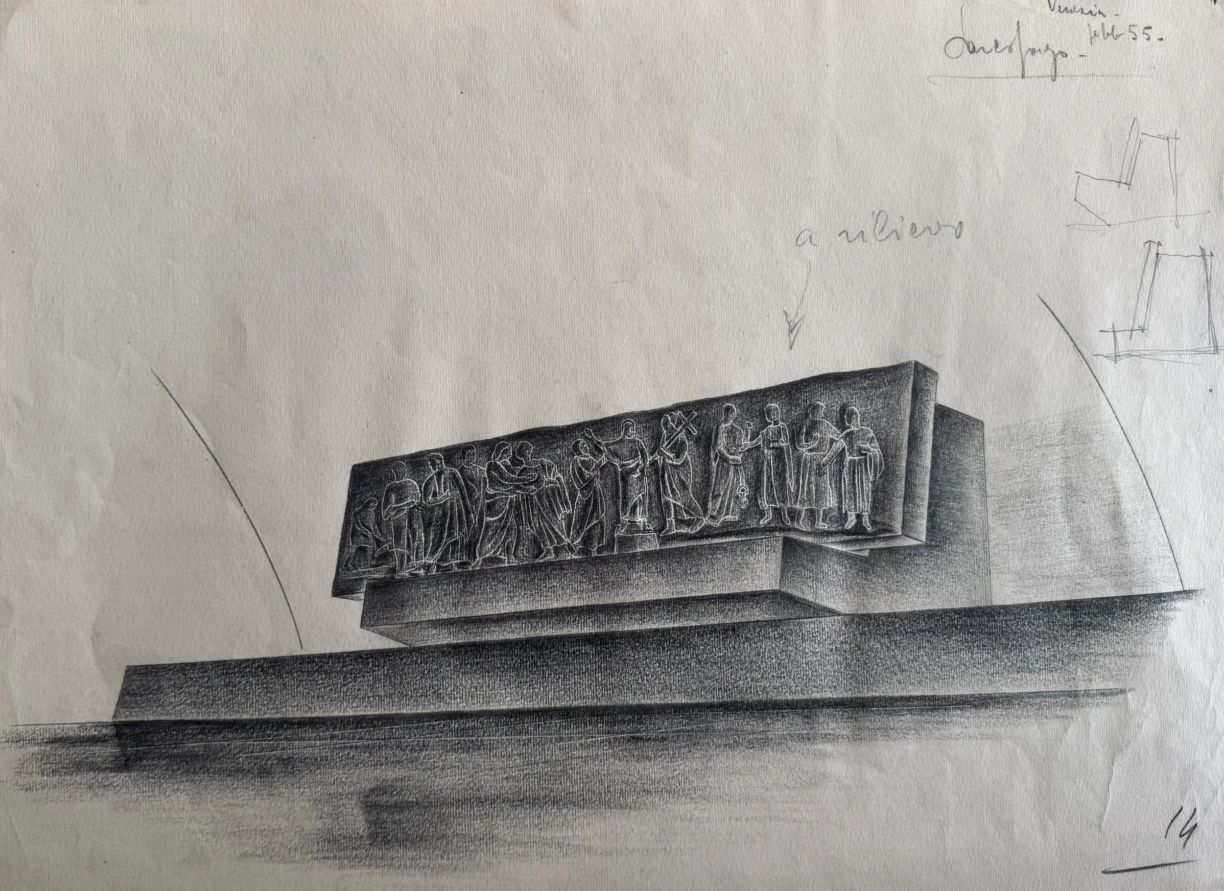 Archivio Piovan: Studio per "Sarcofago" con Bassorilievo (1955) – Matita e Carboncino