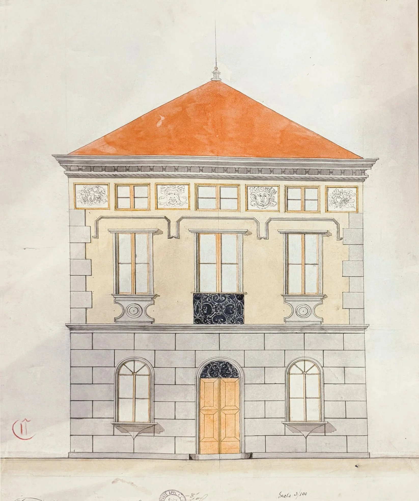 Disegno architettonico originale del 1911 a colori della facciata di un palazzo a Badia Polesine. Scala 1/100 con timbri comunali dell'Ufficio Tecnico e dettagli decorativi.