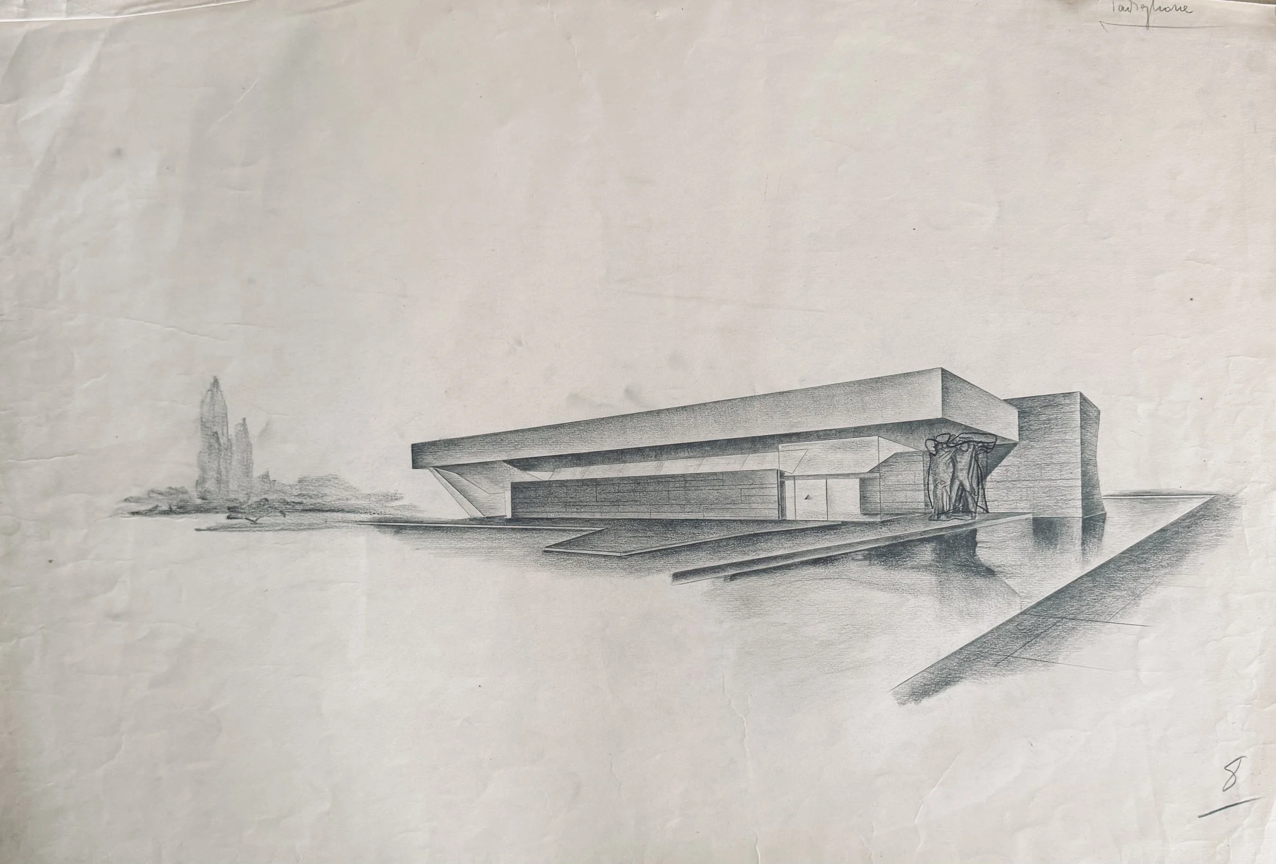 Archivio Piovan: Studio per "Padiglione" Modernista (1955) – Matita e Carboncino