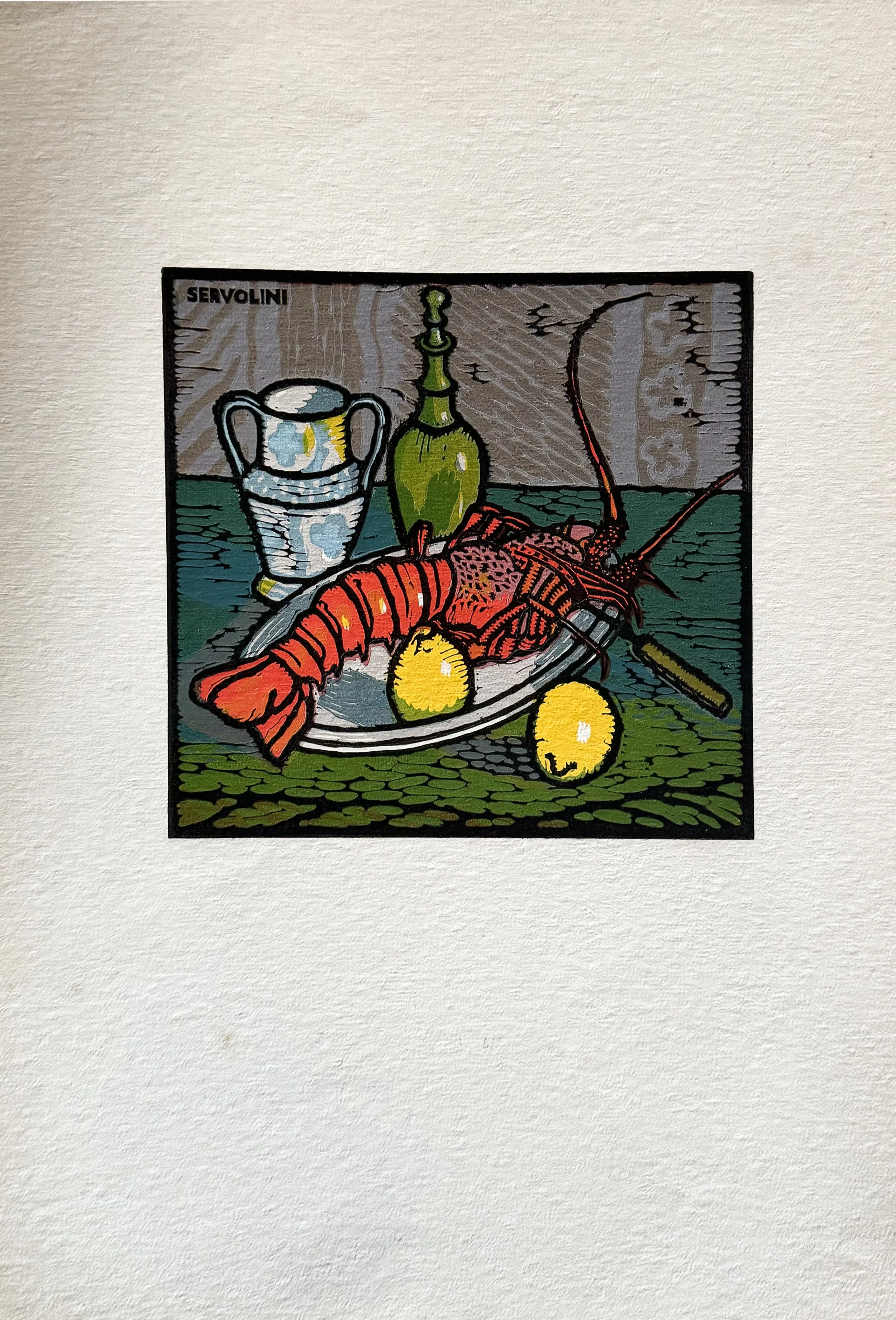 Xilografia Policroma Originale: "Natura morta con aragosta" di Luigi Servolini