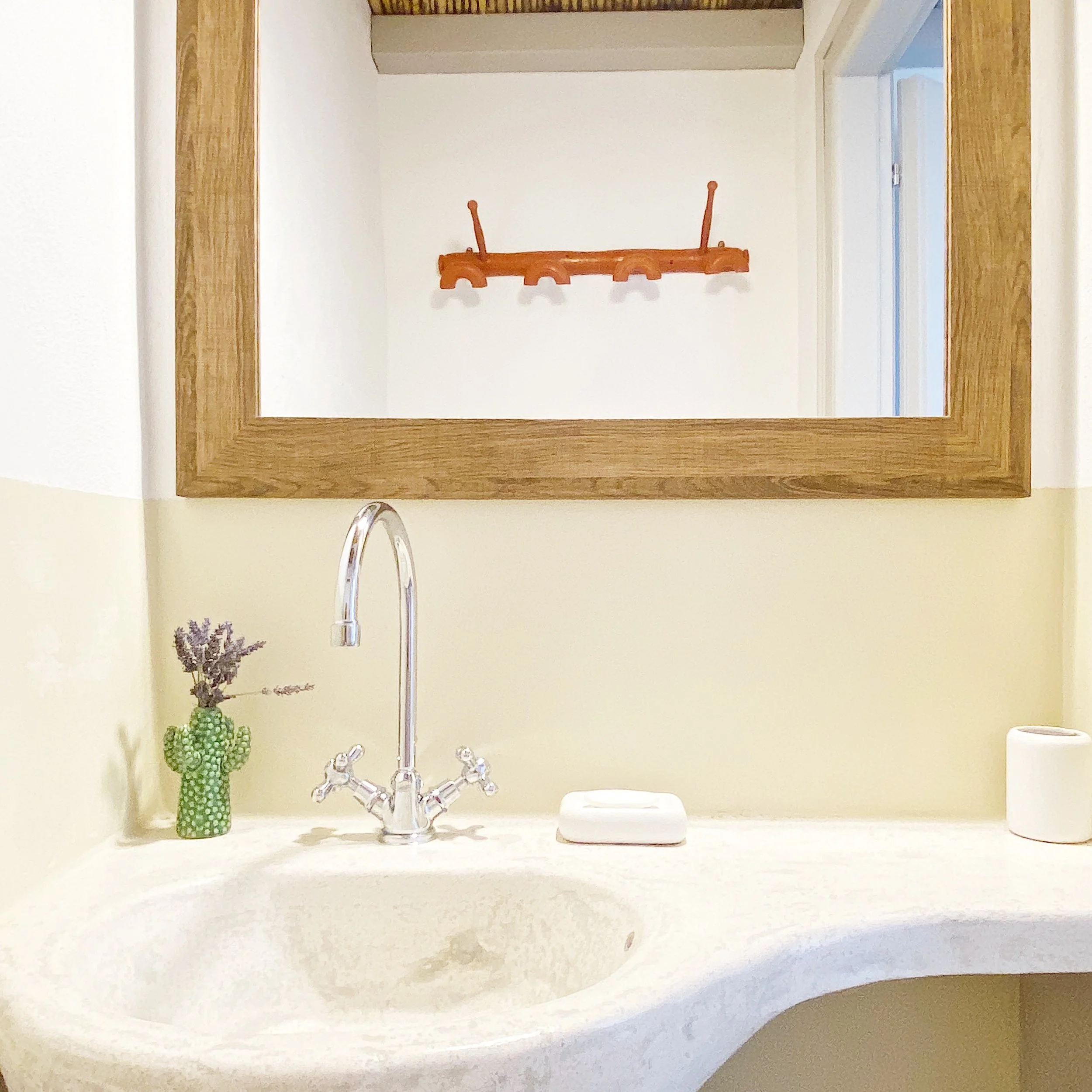 Lavandino con un rubinetto a forma di croce, una piccola pianta con fiori di lavanda e un barattolo di carta sul lavabo, un grande specchio con cornice di legno che riflette una parete bianca con appendiabiti di legno.