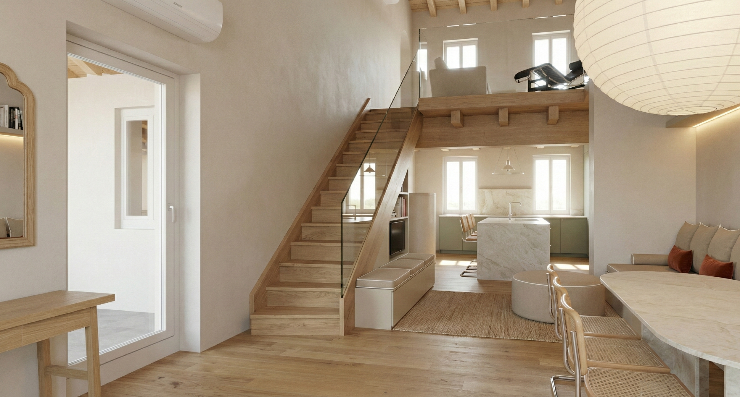 Interno di una casa moderna con scala in legno, soggiorno e cucina open space, con grandi finestre e arredi in tonalità neutre.