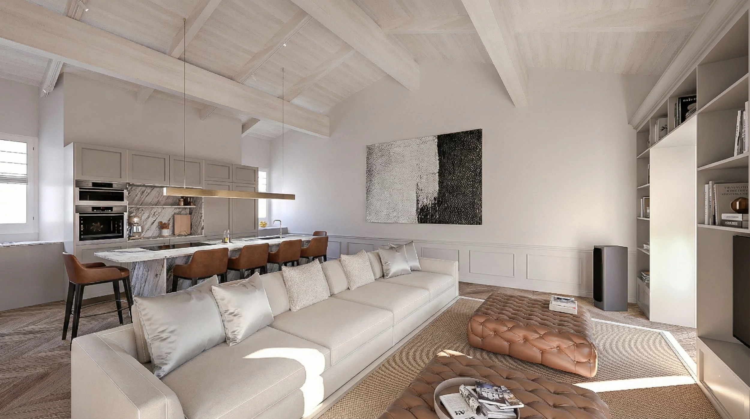 Soggiorno e cucina moderni con soffitto alto, divano bianco, pouf marrone, libreria bianca, parete decorata e lampada a soffitto