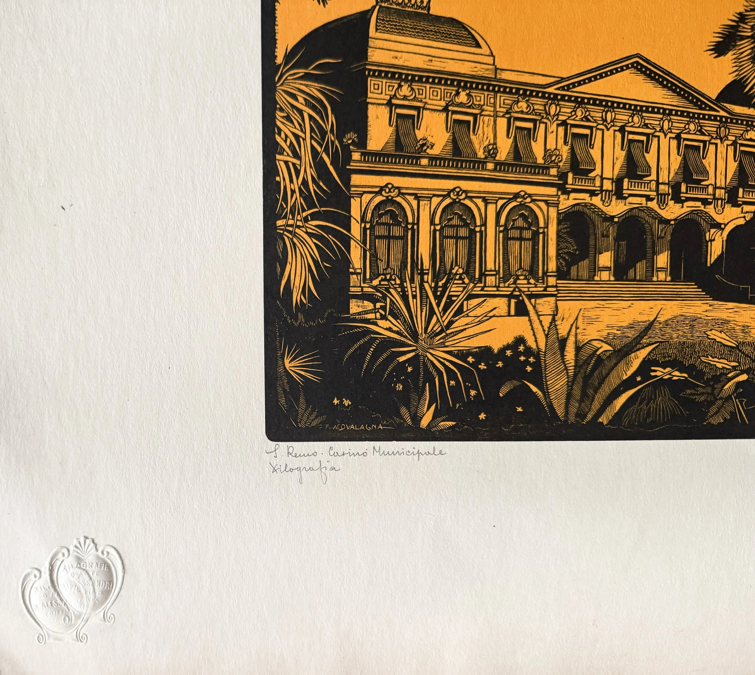 Dettaglio della firma autografa e del timbro a secco Xilografie d'Arte Alessandri su opera originale di Sanremo.