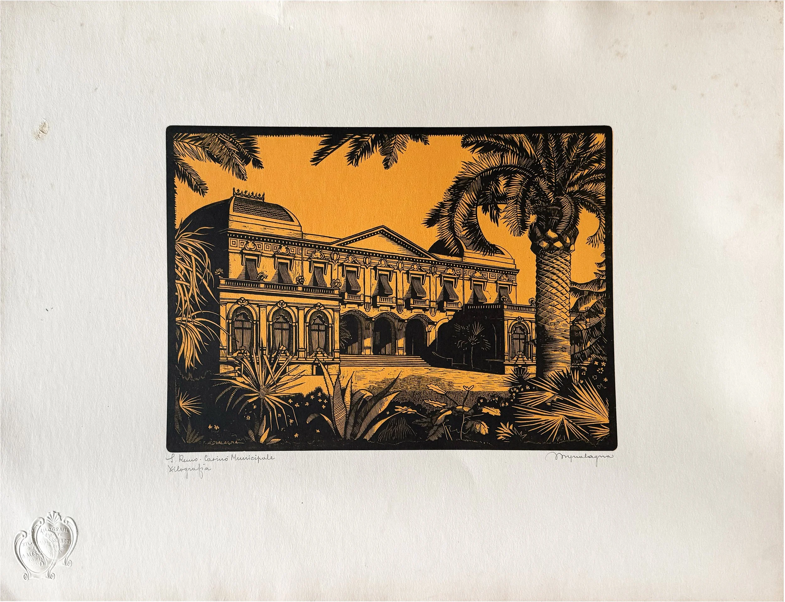 Xilografia Originale: "S. Remo - Casinò Municipale" di F. Acovalagna