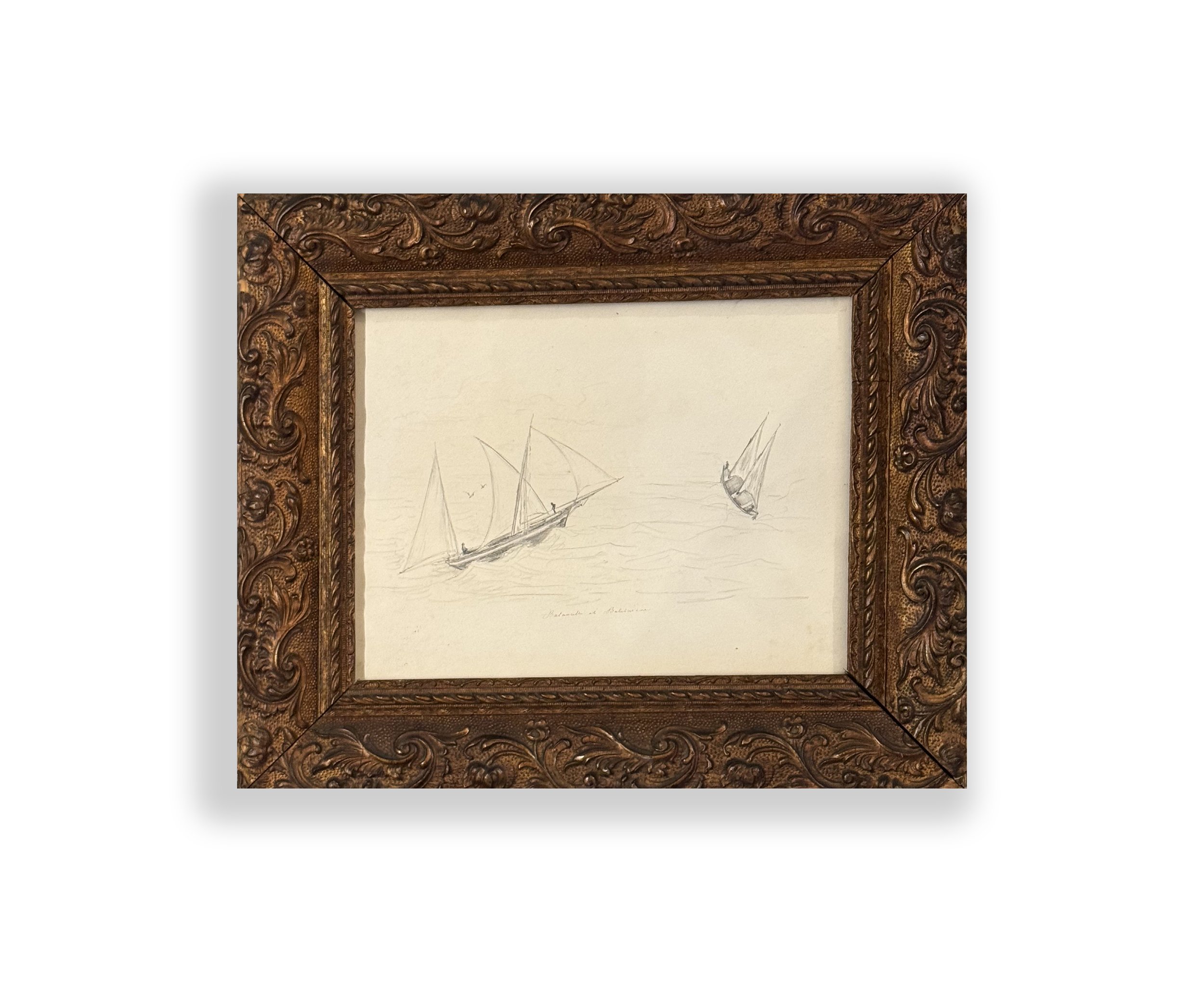 Disegno Originale a Matita – Marine con Barche a Vela, Cornice Barocca Dorata