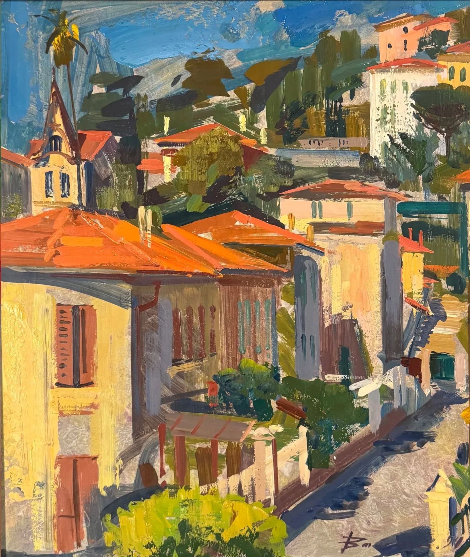 Olio su Tavola "Pomeriggio in Costa Azzurra" – Paesaggio del Sud della Francia, anni '90