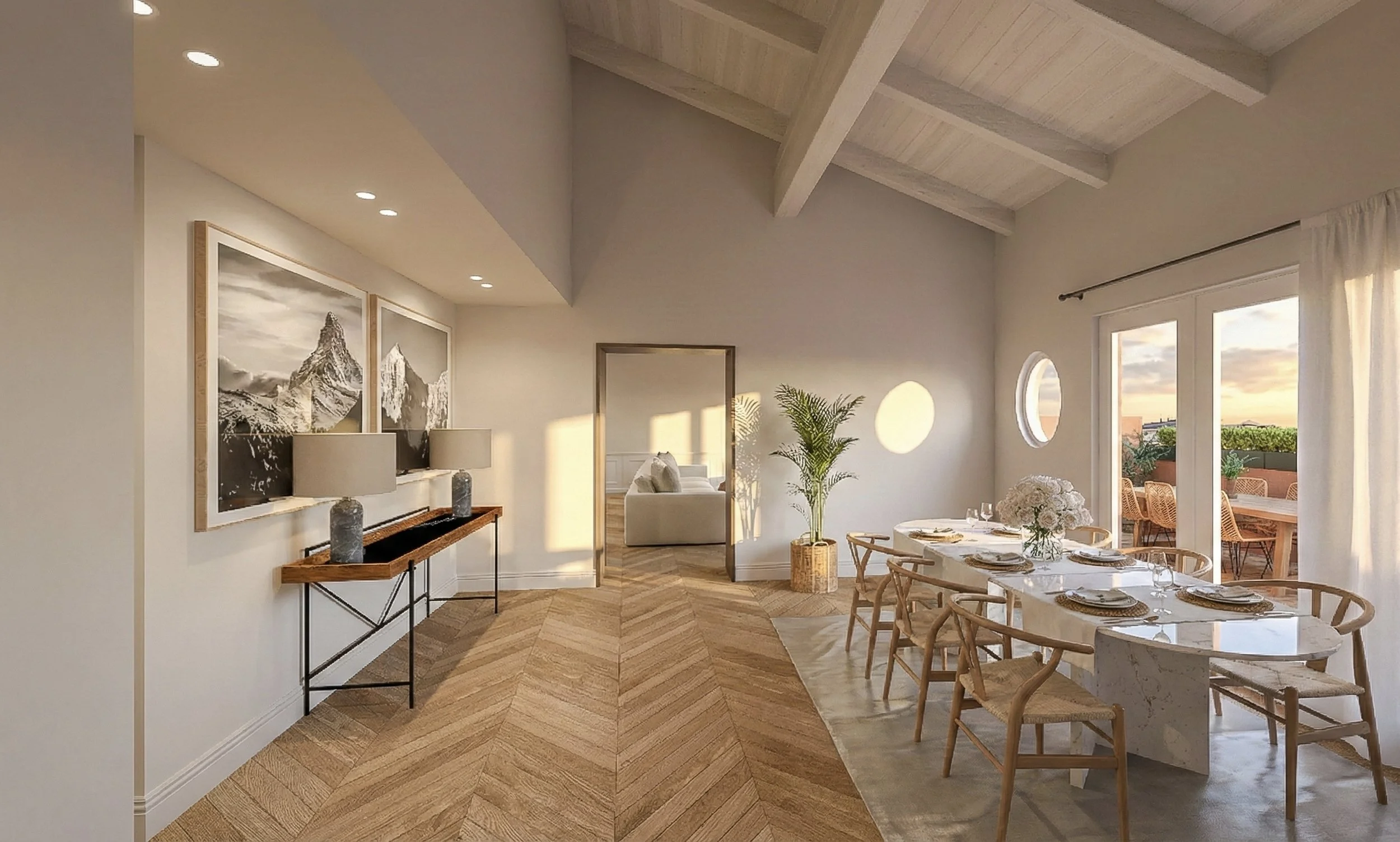 Interno di una sala da pranzo con grande tavolo in marmo, sedie in legno, pareti bianche, e grandi finestre che offrono una vista sul terrazzo esterno.