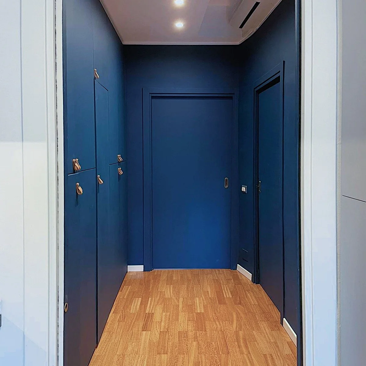 Uscita con porta blu, pareti blu scuro, pavimento in legno chiaro, armadietti blu con maniglie in pelle