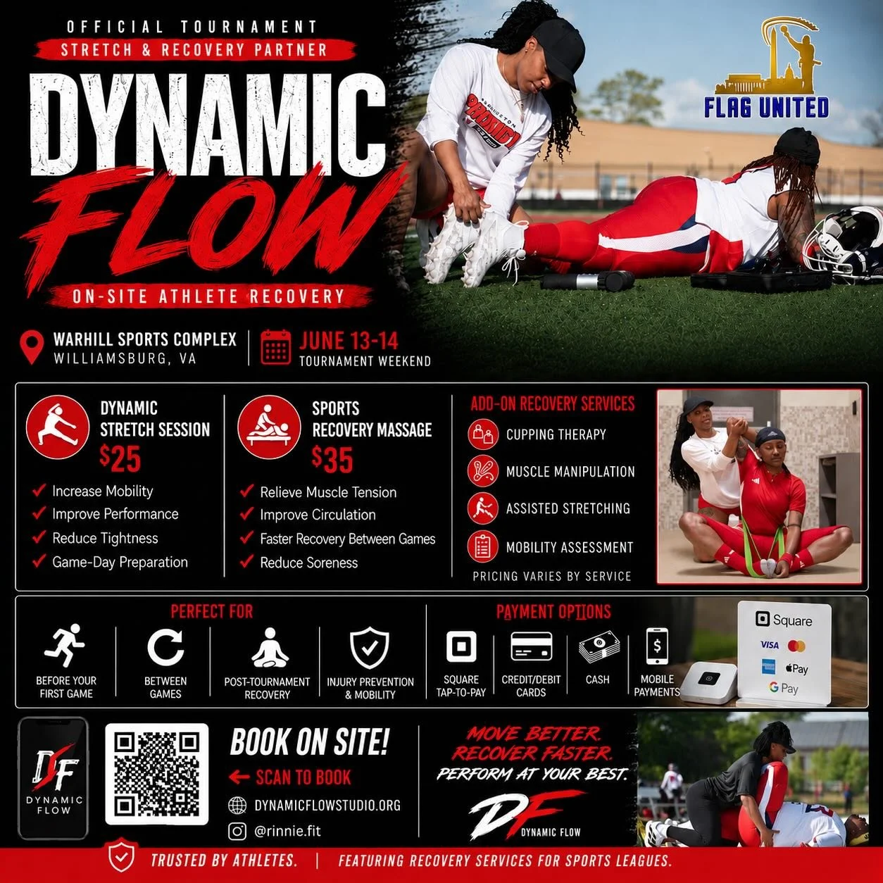 🏈 Williamsburg Tournament Recovery Services 🏈

Playing this weekend at Warhill Sports Complex?

I&rsquo;ll be providing on-site stretch and recovery sessions for athletes throughout the tournament.

✅ Improve mobility
✅ Reduce soreness
✅ Recover be