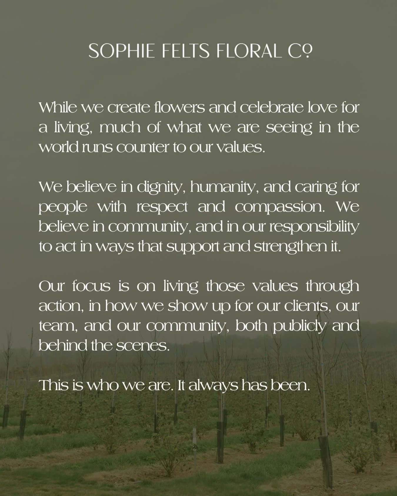 While we create flowers and celebrate love for a living, much of what we are seeing in the world runs counter to our values.

We believe in dignity, humanity, and caring for people with respect and compassion. We believe in community, and in our resp