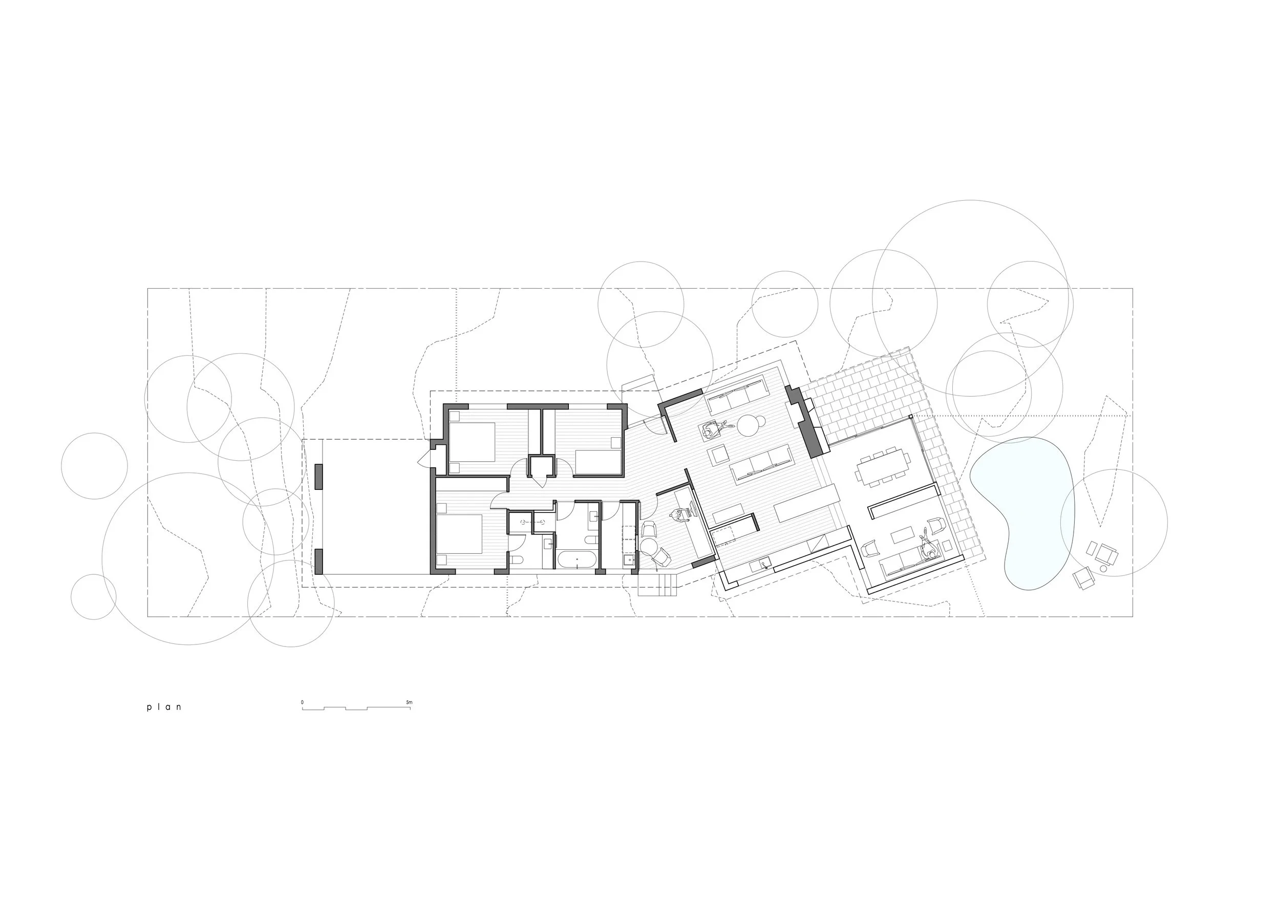 Architectural floor plan drawing of a house with multiple rooms, outdoor landscape, and trees.