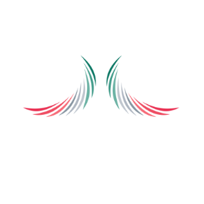 Diseño abstracto con líneas curvas en tonos verdes, rojos y grises sobre un fondo blanco.