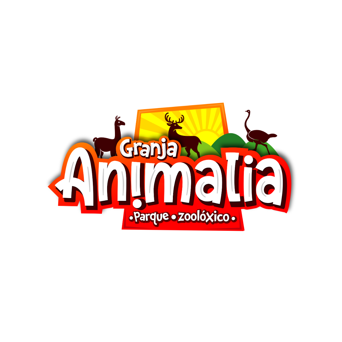 Logotipo de "Granja Animalia" con animales y un sol al fondo.