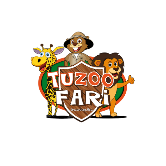 Logotipo de TuzooFari con dibujos animados de una jirafa, un explorador y un león, con un escudo y texto "TuzooFari, Epazoyucan Hgo."