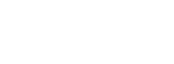 Logo of VoyageLA with white text on a pink background.