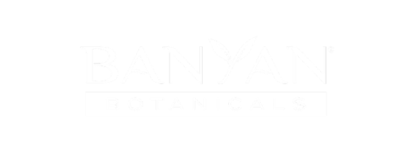 Logo with text 'Banyan Botanicals' in white with a leaf design incorporated into the letter 'Y'.