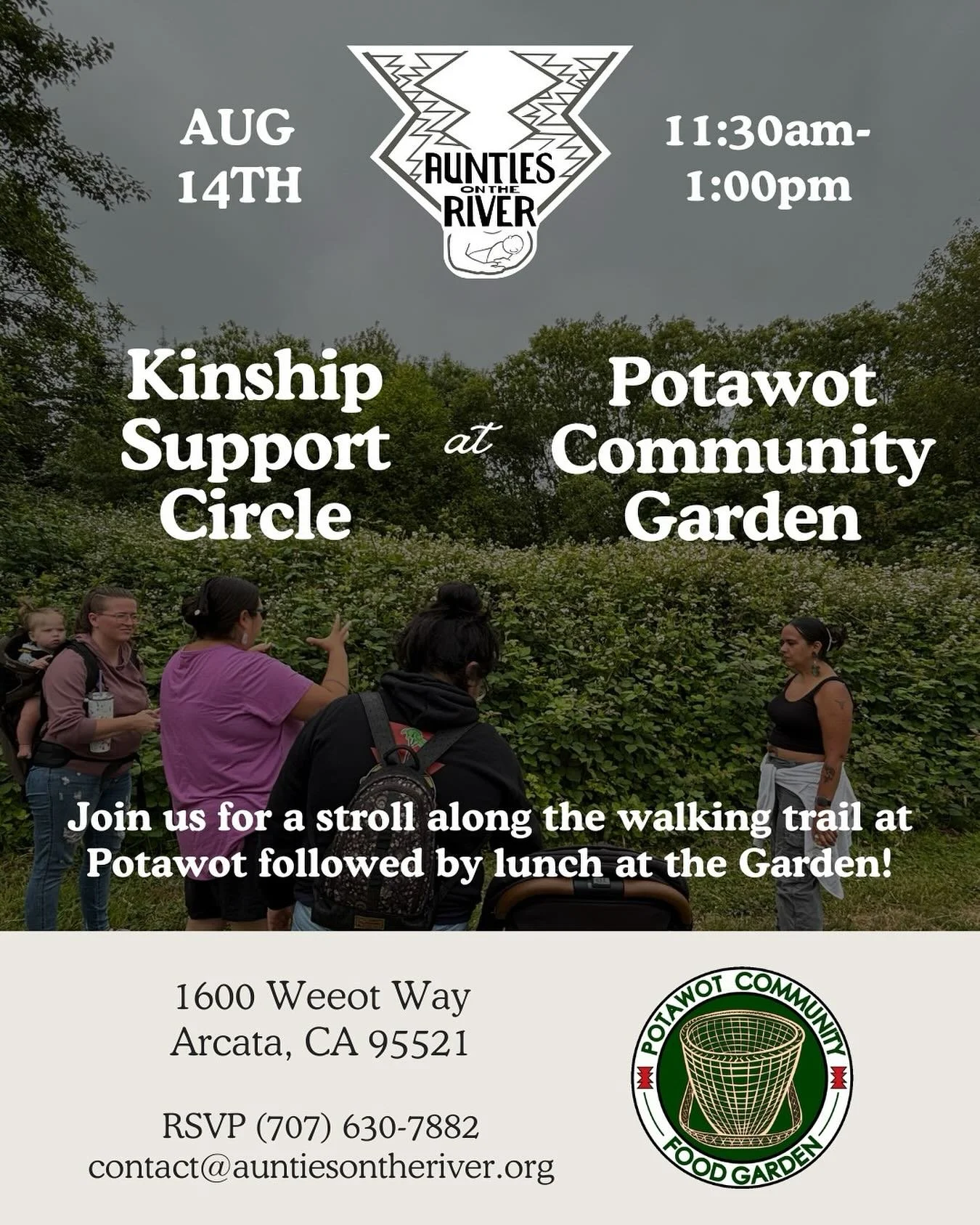 Join us as we soak up the last of the summer at this month&rsquo;s Kinship Support Circle on Thursday August 14th, 11:30-1:00! Bring your little ones for a stroll along Potawot&rsquo;s walking trail, and then at the Community Food Garden for lunch. T