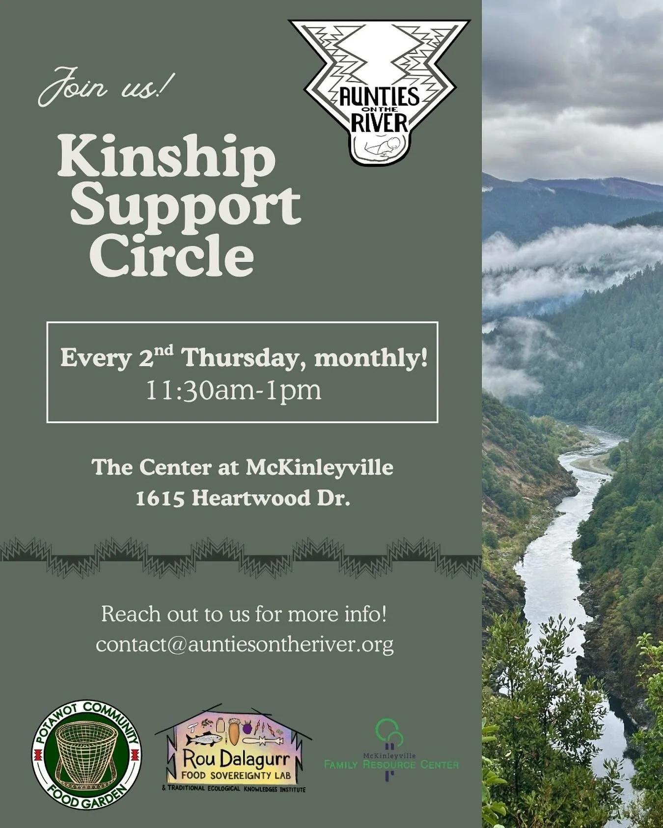 Join us in circle for a nourishing meal made with love by our Aunties using local foods donated by our community partners. This group is for local Native people seeking connection &amp; conversation about fertility, menstruation, pregnancy, childbirt