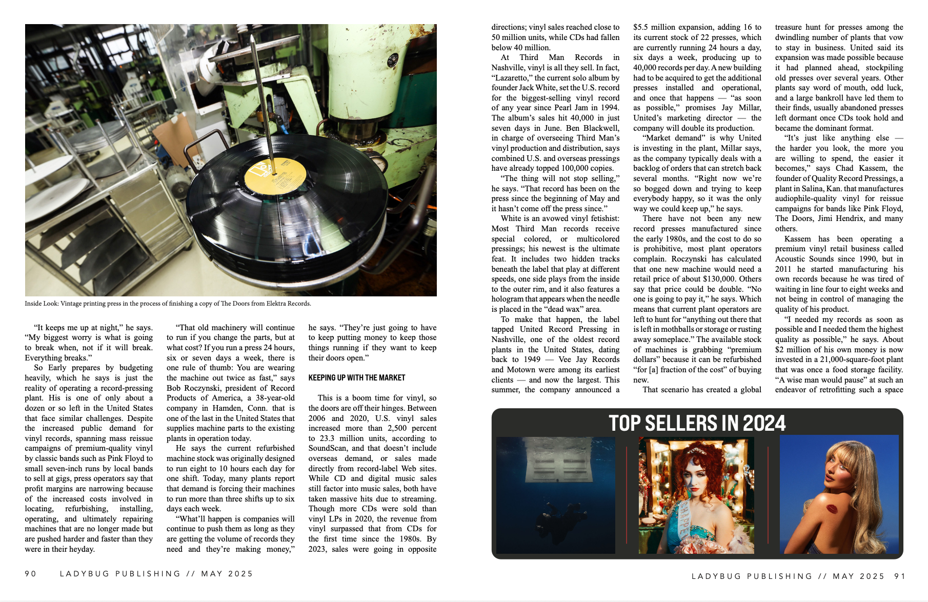 Inside view of a vintage vinyl record pressing machine in the process of producing a vinyl record, with a black vinyl disc on the press and machinery surrounding it.