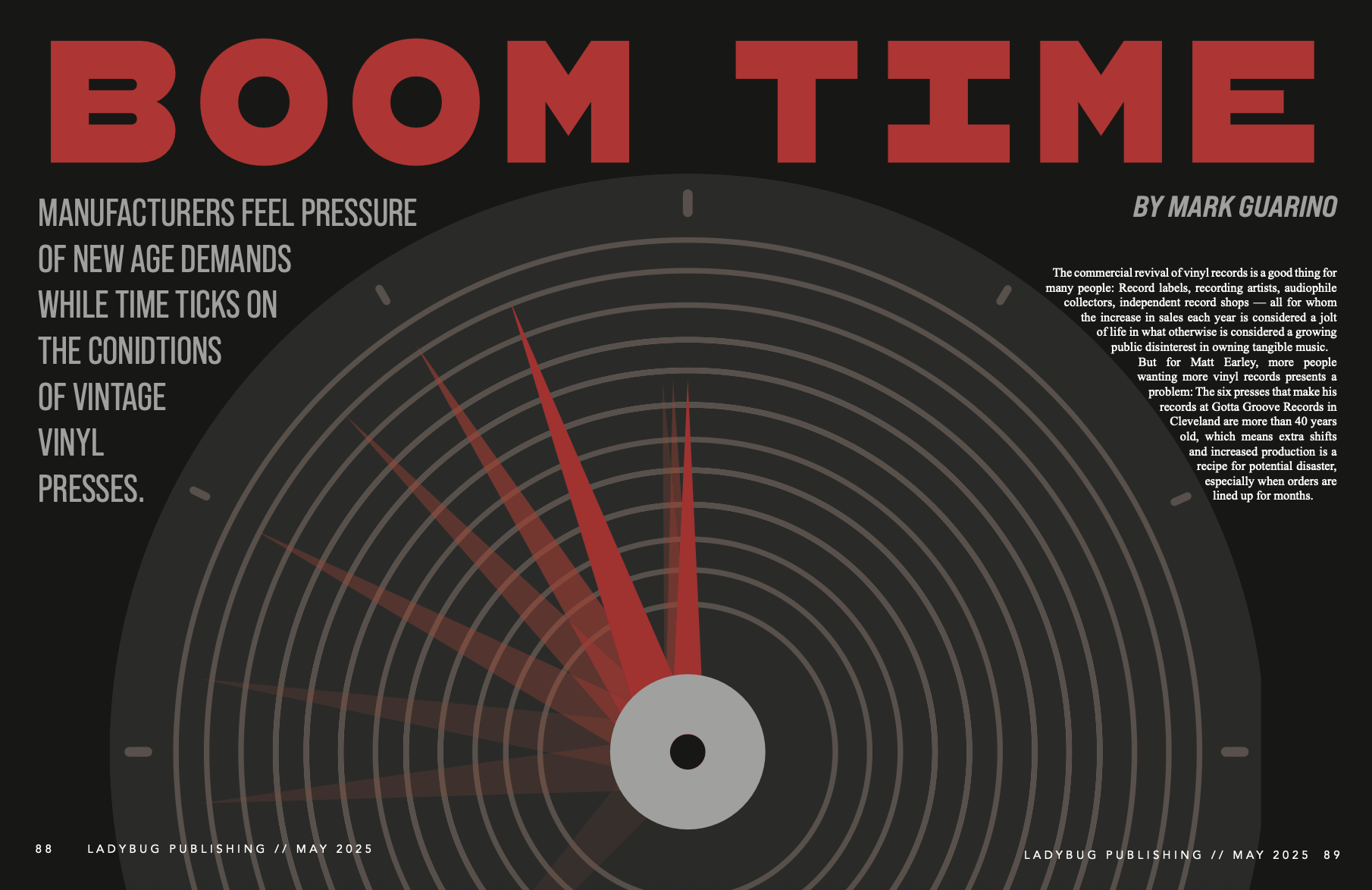 An infographic about vinyl record production issues, featuring a speedometer-like chart with red indicators, and titles mentioning the pressure on manufacturers and the growth of the vinyl record industry. The infographic is titled 'Boom Time' and is authored by Mark Guarino, published in Ladybug Publishing in May 2025.
