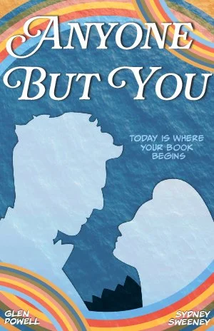 Book cover titled 'Anyone But You' by Glen Powell and Sydney Sweeney, featuring silhouettes of a man and woman facing each other against a blue background with rainbow-colored accents.