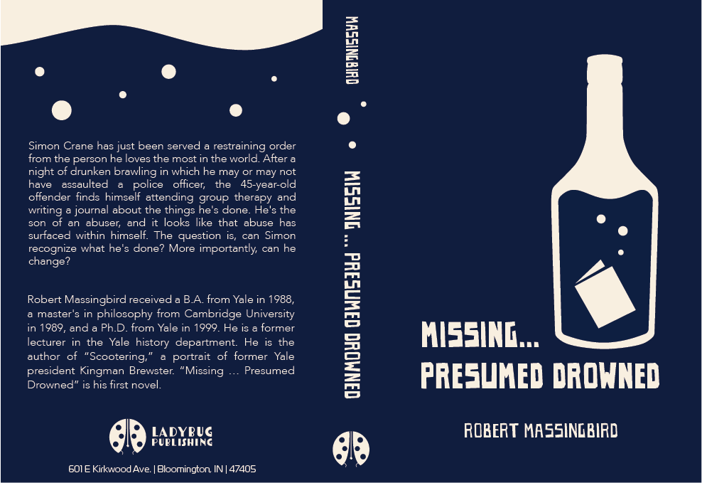 Book cover for "Missing... Presumed Drowned" by Robert Massingbird, featuring a dark blue background, an illustration of a bottle with a paper inside and bubbles, and white text.