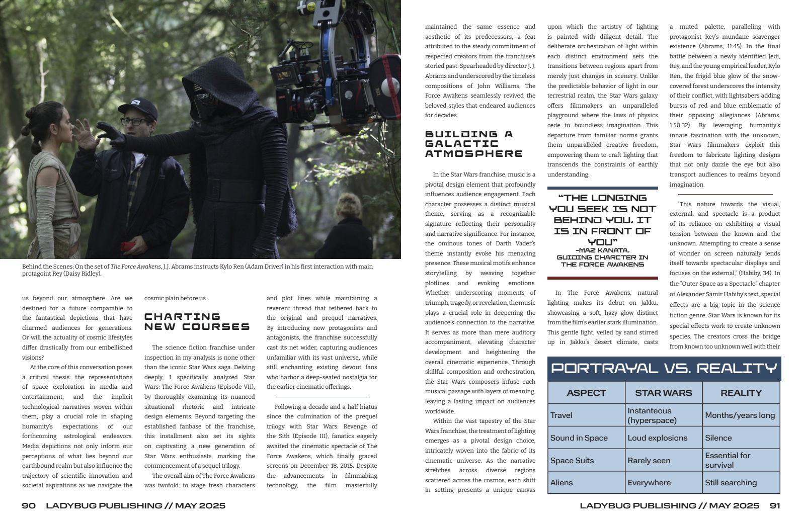 Behind the scenes of a film set: J.J. Abrams instructs Kylo Ren (Adam Driver) in a scene from 'Star Wars: The Force Awakens', with Daisy Ridley as Rey listening.