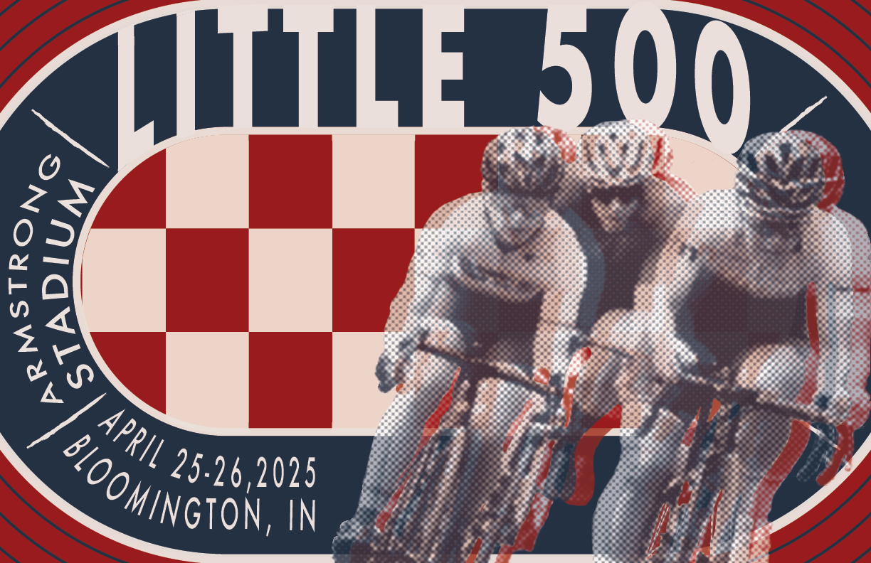 Promotional graphic for the Armstrong Steel Little 500 cycling race, held April 25-26, 2025, in Bloomington, Indiana, featuring three male cyclists in helmets and cycling gear riding in front of a stylized checkerboard pattern and event details.