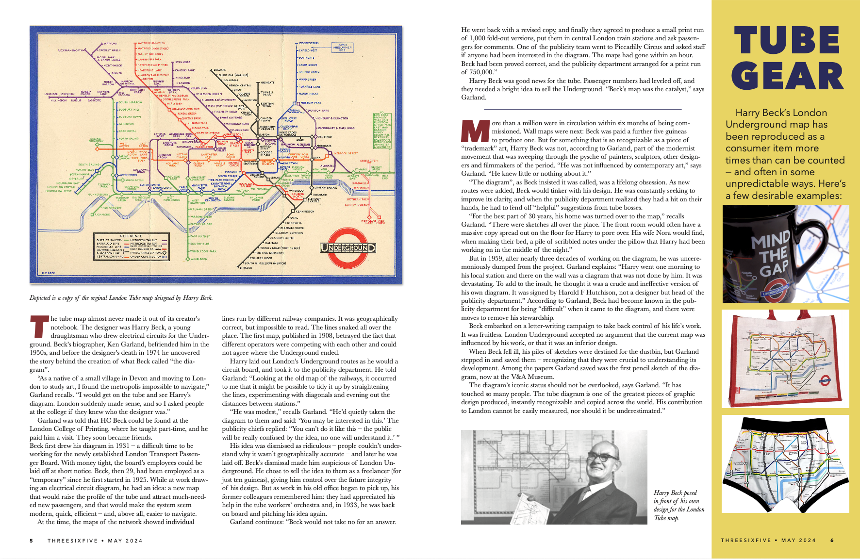 A vintage London Underground map designed by Harry Beck, showing colored lines and station names, with a red Underground logo at the bottom right. On the right side, magazine page layout with yellow and black section titled "Tube Gear" featuring repeated images of modernized Tube maps and related graphics, including a photo of Harry Beck.