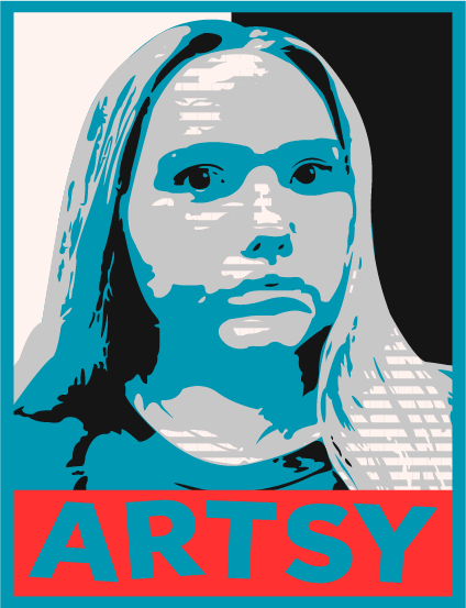Pop art style portrait of a woman with long hair, with the word 'ARTSY' in large red letters at the bottom.