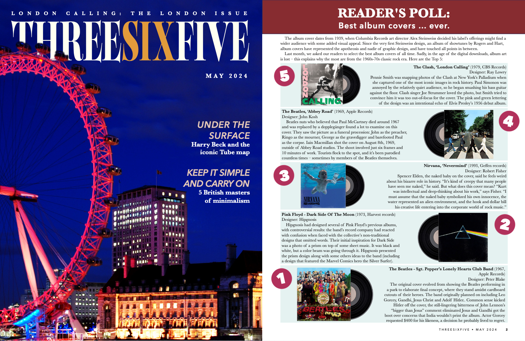 Magazine cover for 'Threesixfive' May 2024 featuring a photo of the London Eye lit up in pink and purple against a dark blue sky, with illuminated buildings in the foreground.