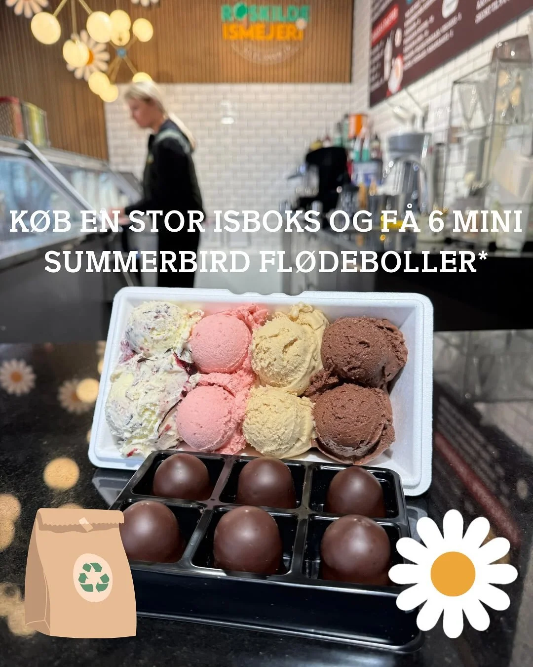 Stop madspild med Roskilde Ismejeri - vi har f&aring;et bestilt lidt for mange Mini-fl&oslash;deboller fra Summerbird, og vil derfor gerne for&aelig;re dig 6 stk, hvis du k&oslash;ber en stor boks is (1,5 eller 2 liter).
G&aelig;lder s&aring; l&aelig