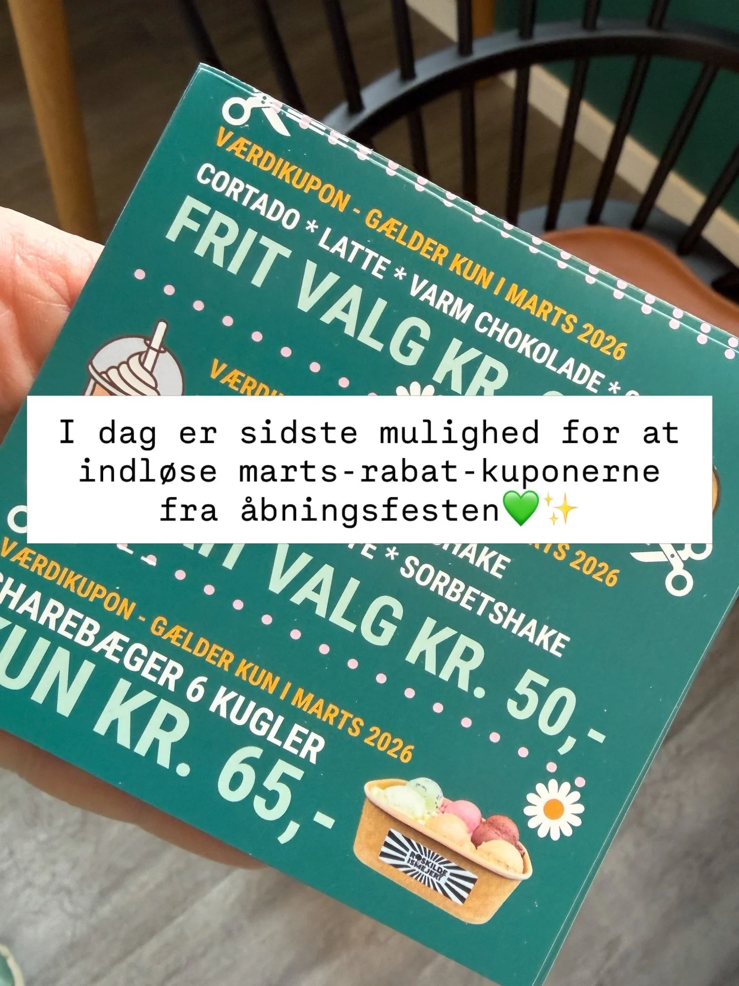 Marts-kuponerne fra &aring;bningsfesten har sidste indl&oslash;sningsdag i dag!
Du kan bruge dem i iscafeen eller p&aring; Roskilde Havn. &Aring;bent 10-21🐣
@roskildeismejeri #p&aring;ske&aring;bent #martskuponer #sidstechance #alletidersismejeri #r