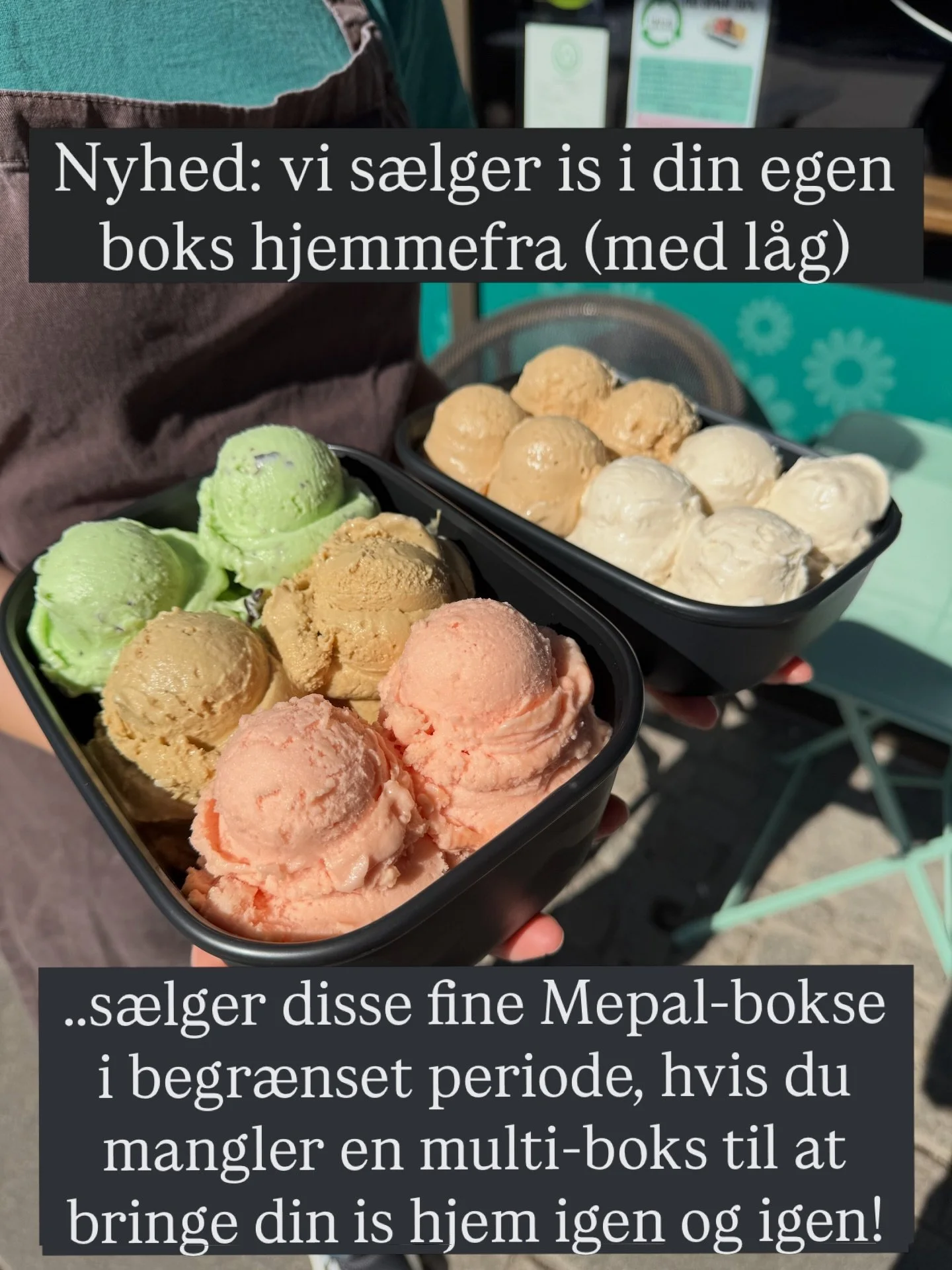 Vejret i dag👋☀️🍦🤠
Vi har &aring;bent alle dage fra 10-22💚
Kom forbi butikkerne og h&oslash;r mere om vores nye tiltag med genbrug af bokse til is♻️. Det er faktisk en ret god id&eacute;!
@roskildeismejeri #sol #sommer #ismedhjem #reduktionafengan
