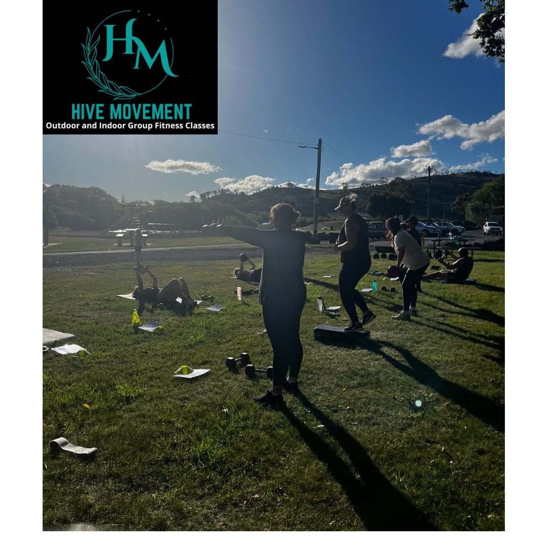 Outdoor fitness class on grass with people doing exercises and "Hive Movement" logo in the top left corner.