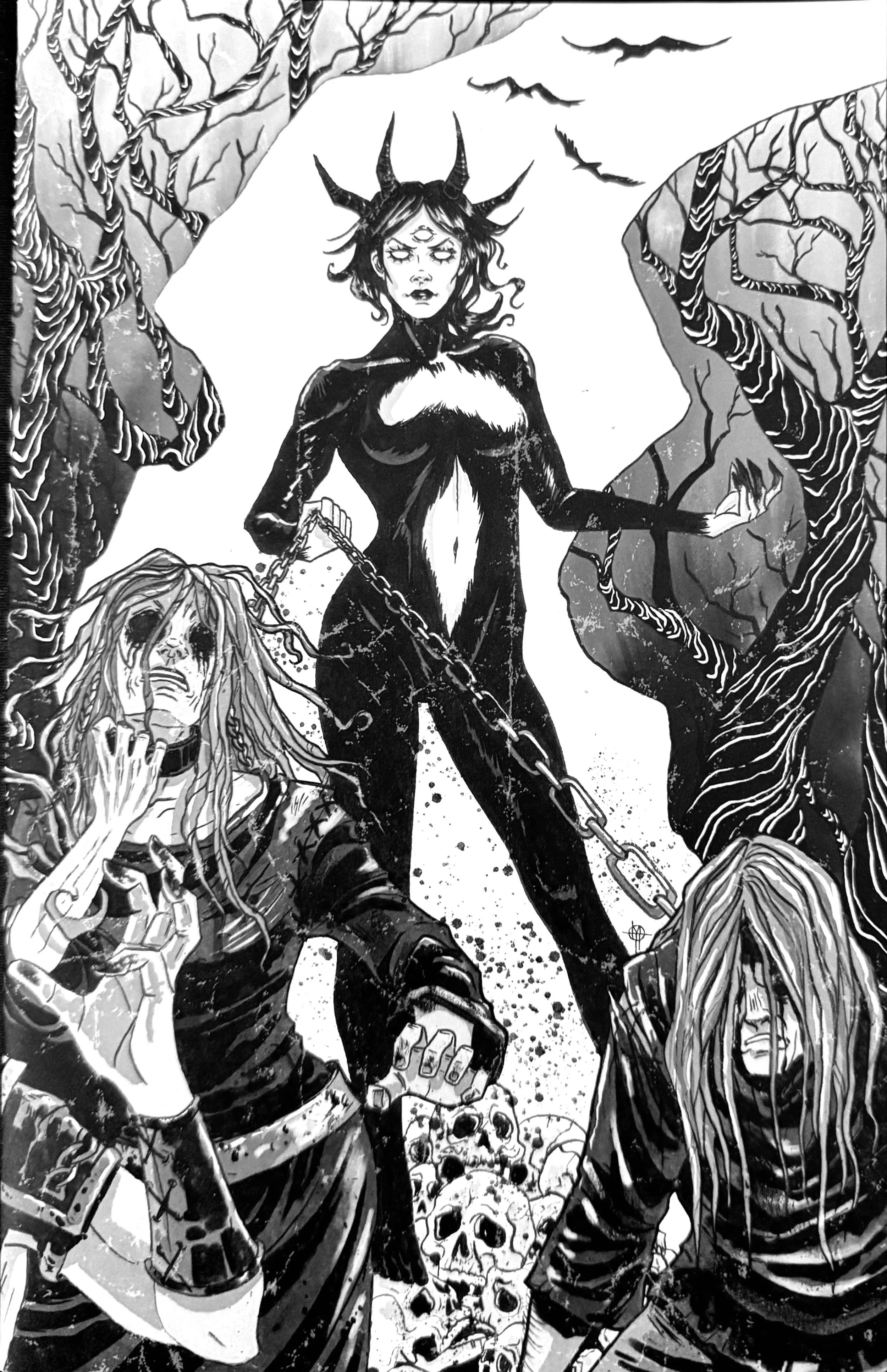 Black and white illustration of a woman with demon horns, three eyes, and long hair, holding a chain attached to a skeletal figure. Surrounding her are gothic trees, bats flying, and skulls on the ground, creating a dark fantasy scene.